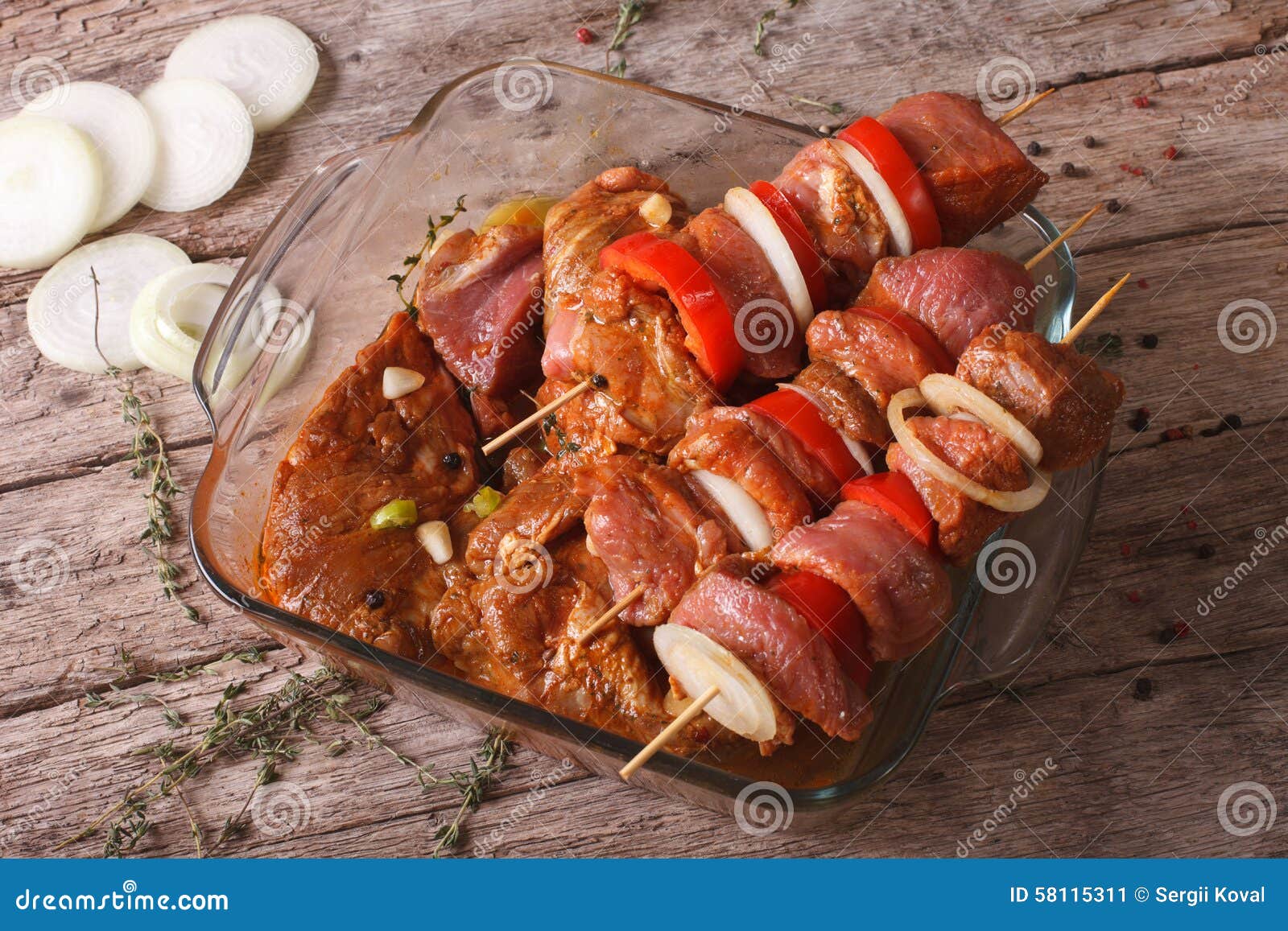 Raw Marinated Kebab with Vegetables on Skewers, Horizontal Stock Image