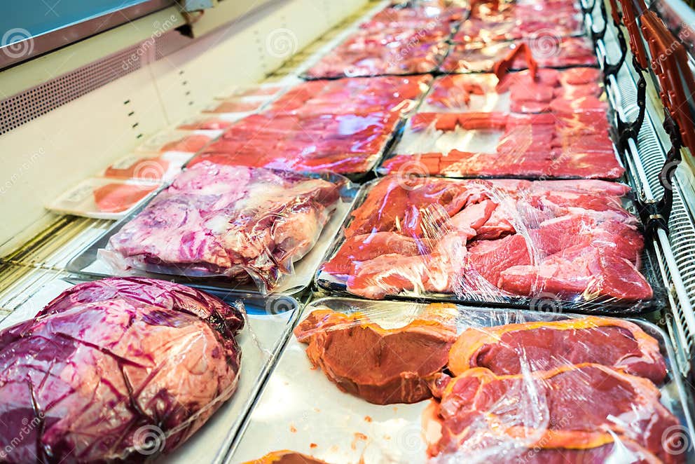 Raw Meats Displayed in Counter of Grocery Store Stock Photo Image of