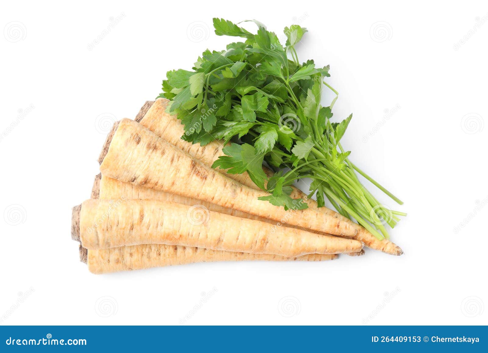 Raw Parsley Roots and Bunch of Fresh Herb Isolated on White, Top View