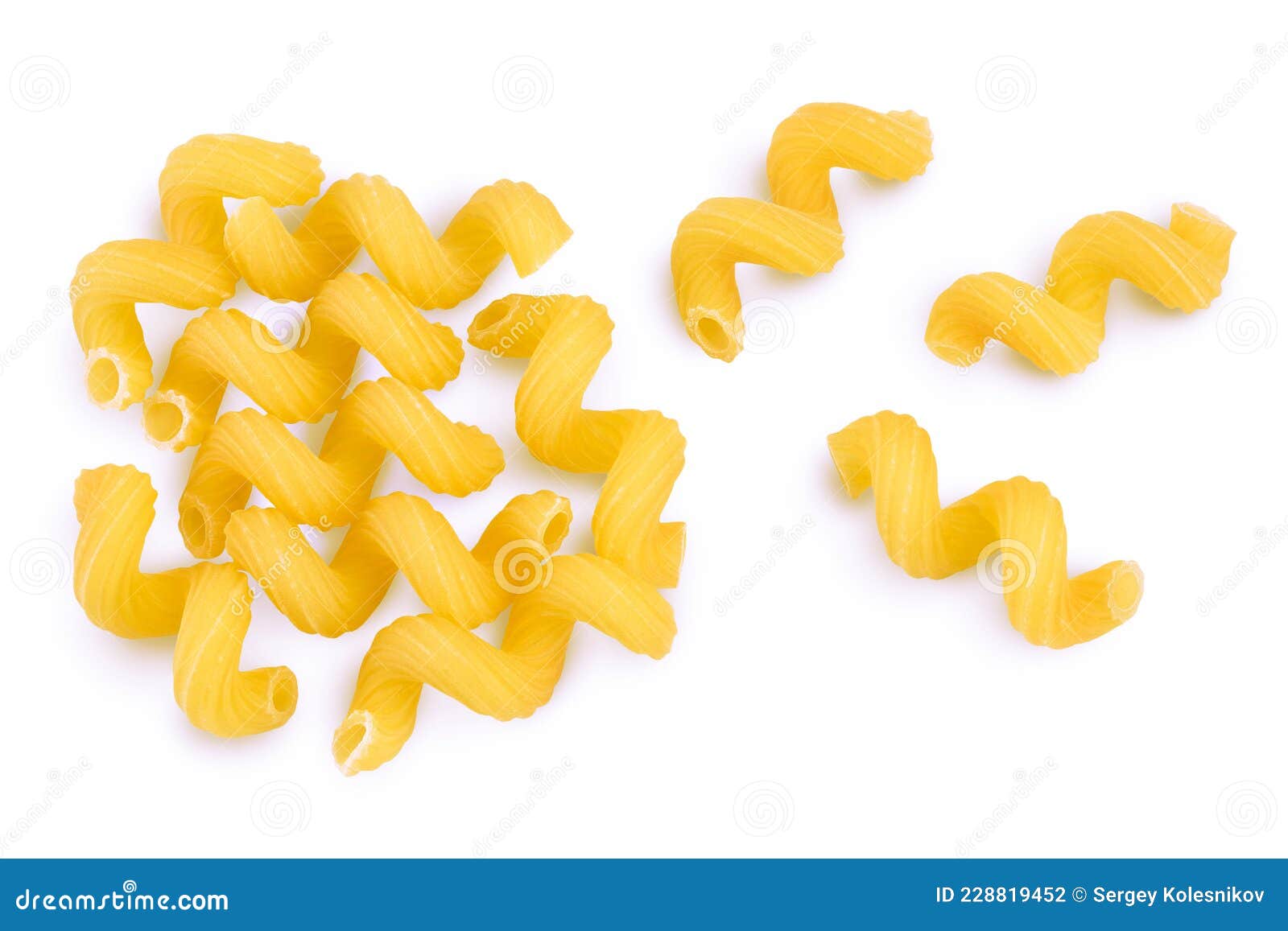 raw pasta cavatappi  on white background with clipping path and full depth of field. top view. flat lay