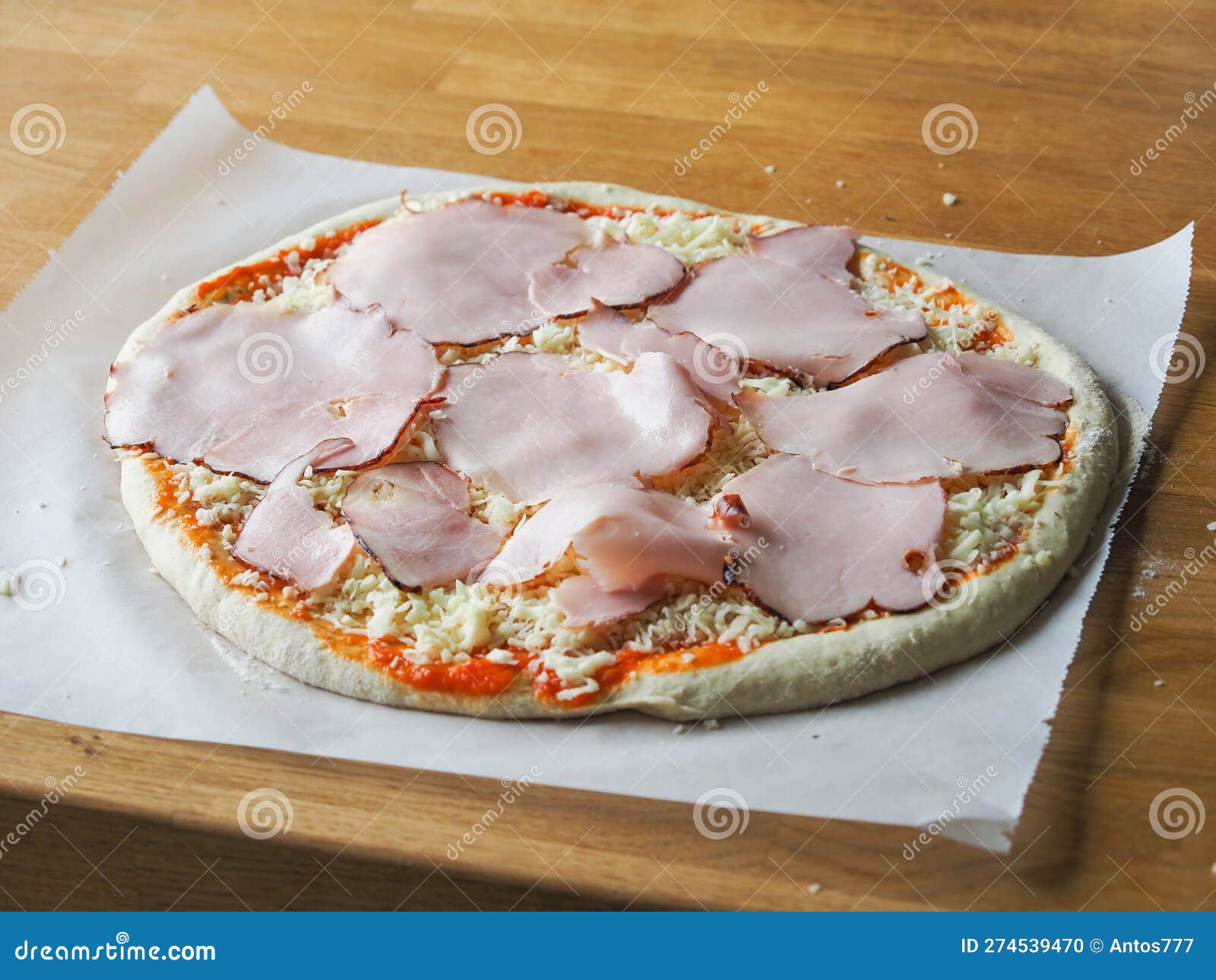 Raw Pizza Dough with Cheese, Ham and Sauce Stock Photo Image of