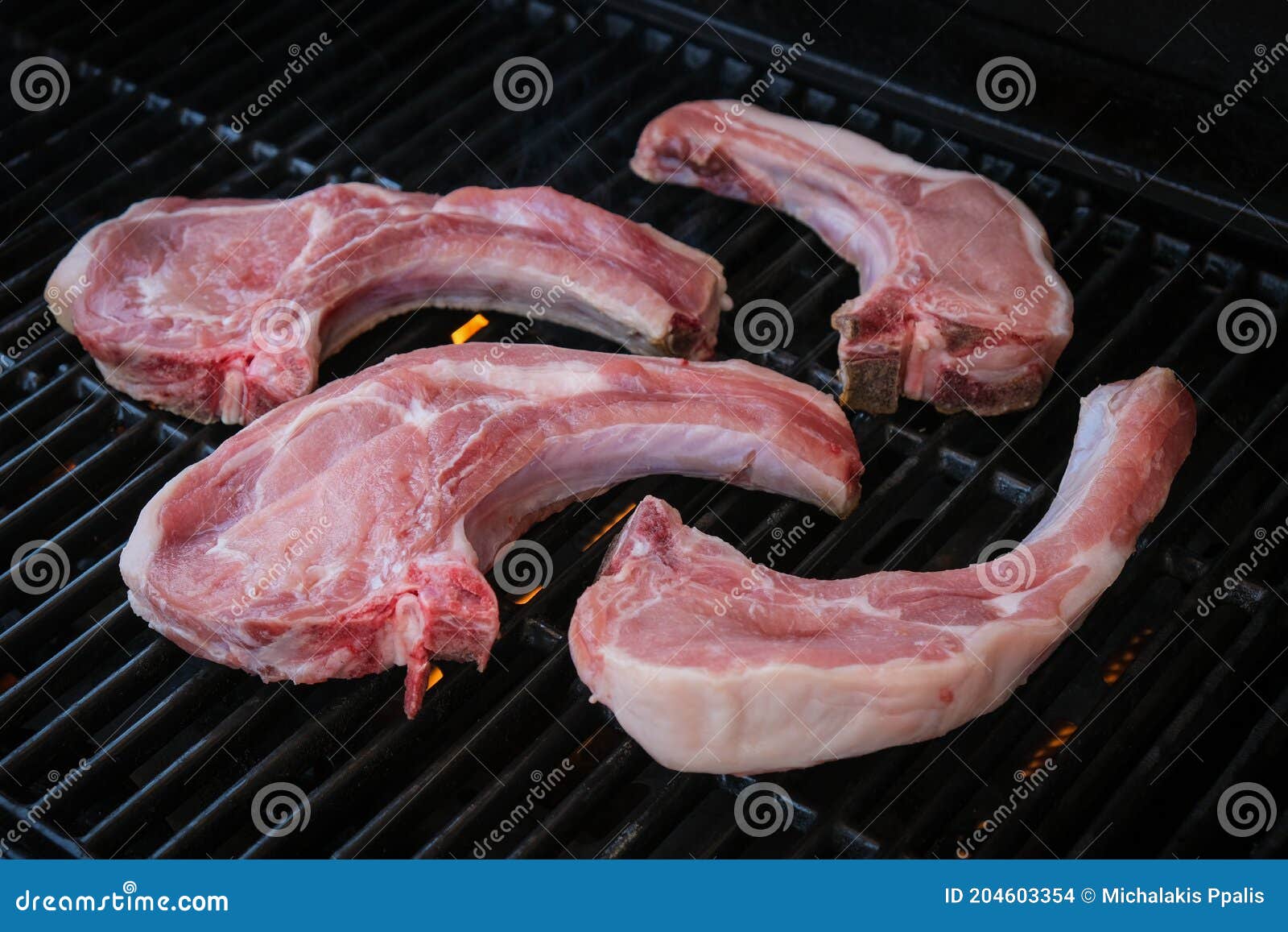 Raw Pork Chops Cooked on Gas Barbecue Grill Stock Photo Image of