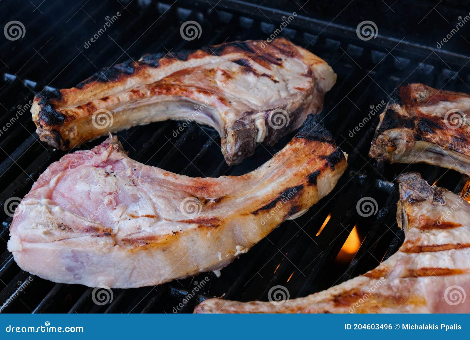 Raw Pork Chops Cooked on Gas Barbecue Grill Stock Photo Image of