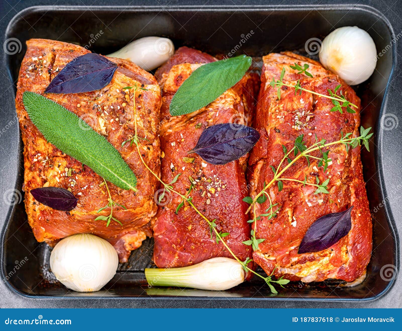 Raw Pork Neck with Herbs on a Baking Tray Stock Photo Image of tasty