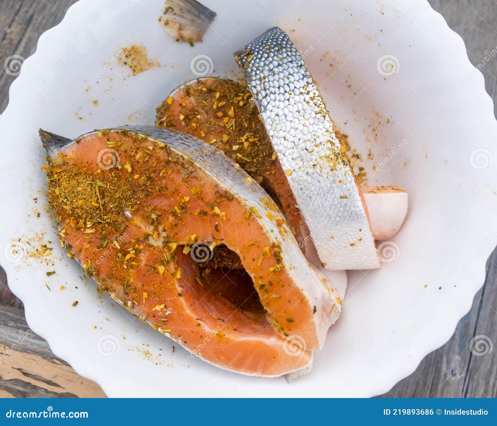 Raw Red Fish Steaks Marinated in Spices. Stock Photo Image of kitchen