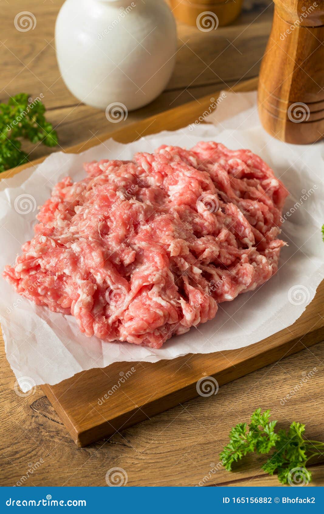 Raw Red Organic Ground Pork Stock Photo Image of herbs, food 165156882