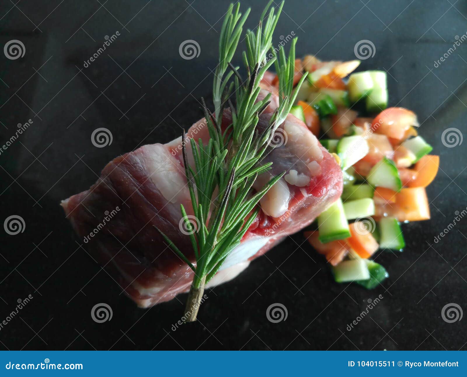 Raw, Red Oxtail Uncooked with Chopped Tomatoes and Onions Stock Image