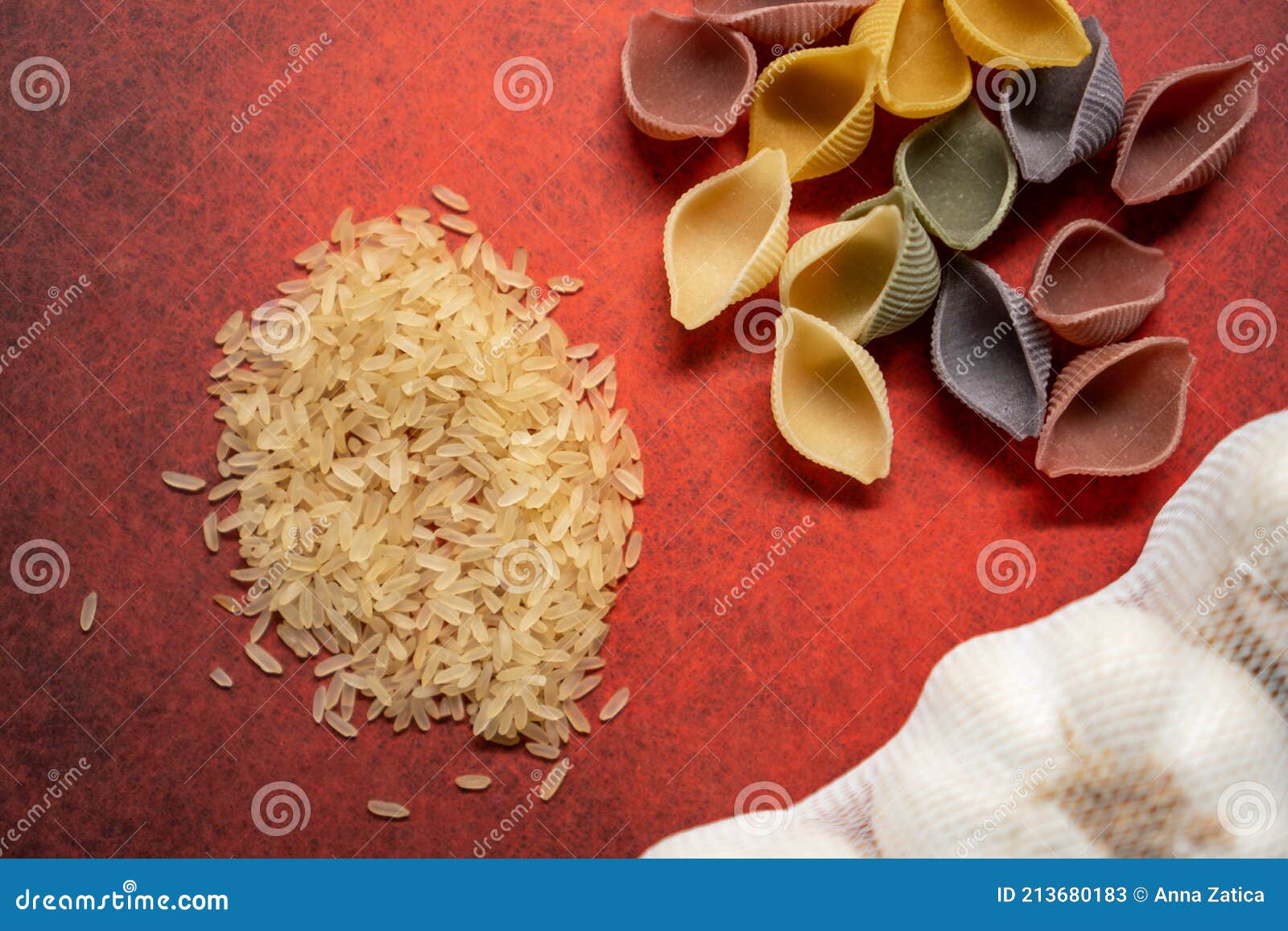 Raw Rice and Pasta on Red Background Stock Image Image of breakfast