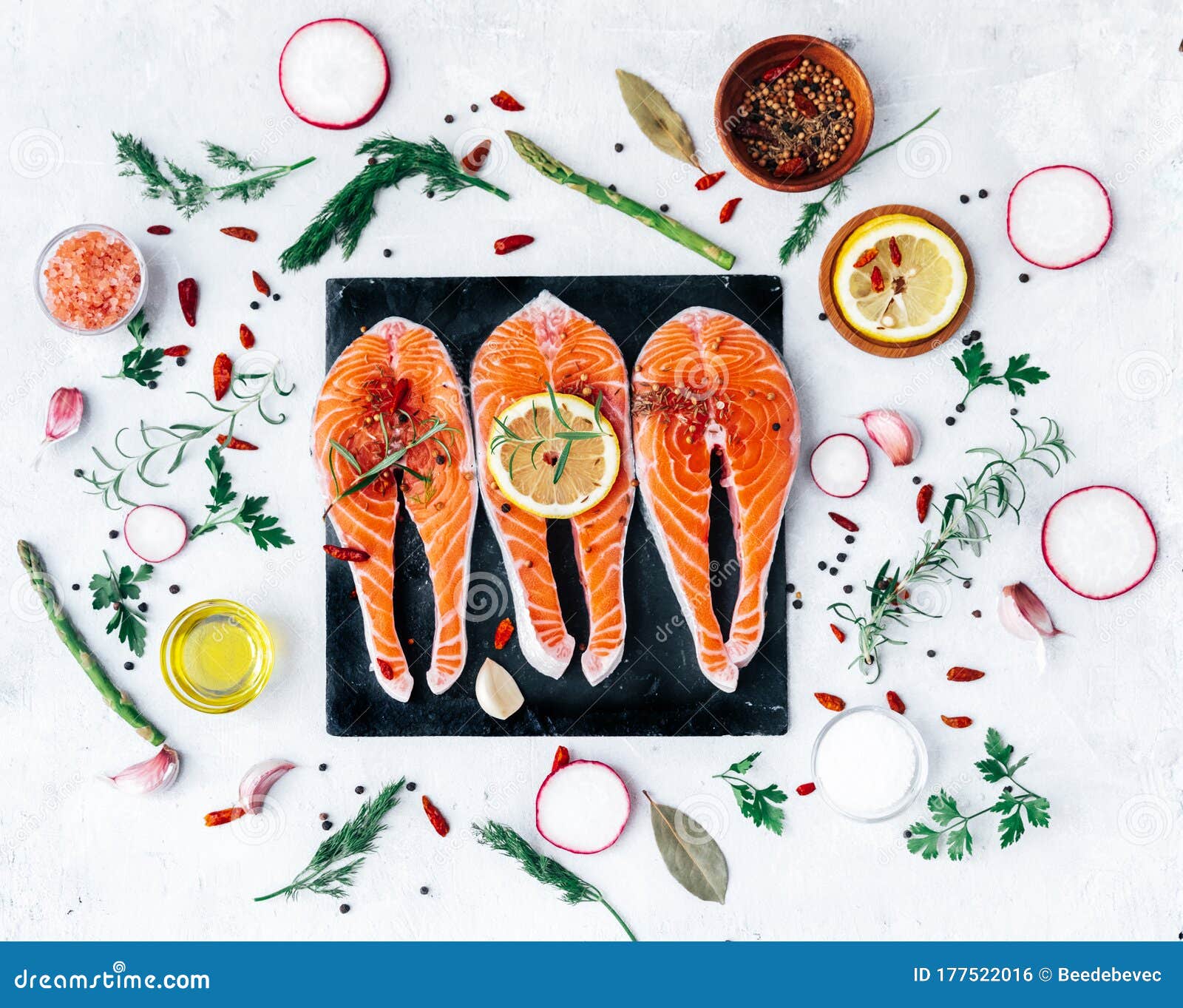 raw salmon fish fillet with fresh herbs