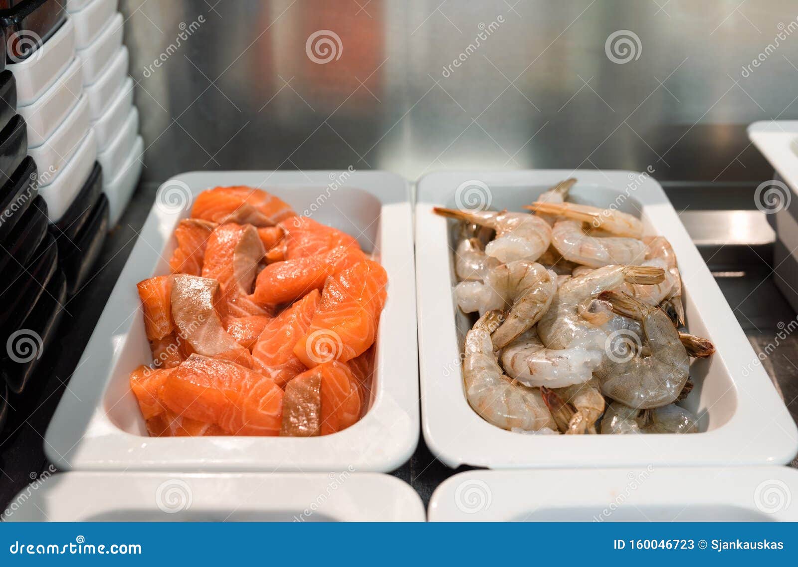 Raw Seafood Ready For Cooking In A Restaurant Kitchen Stock Image
