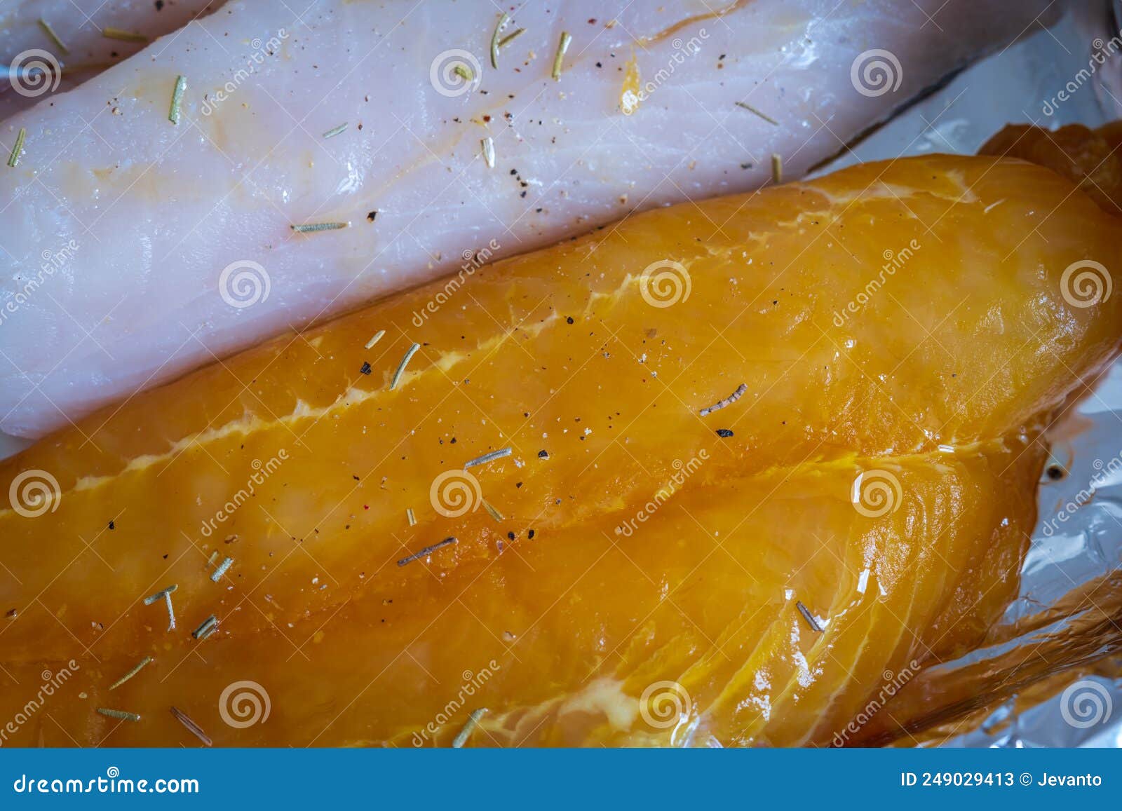 Raw Seasoned Fish Fillets on Baking Tray Closeup Stock Image Image of