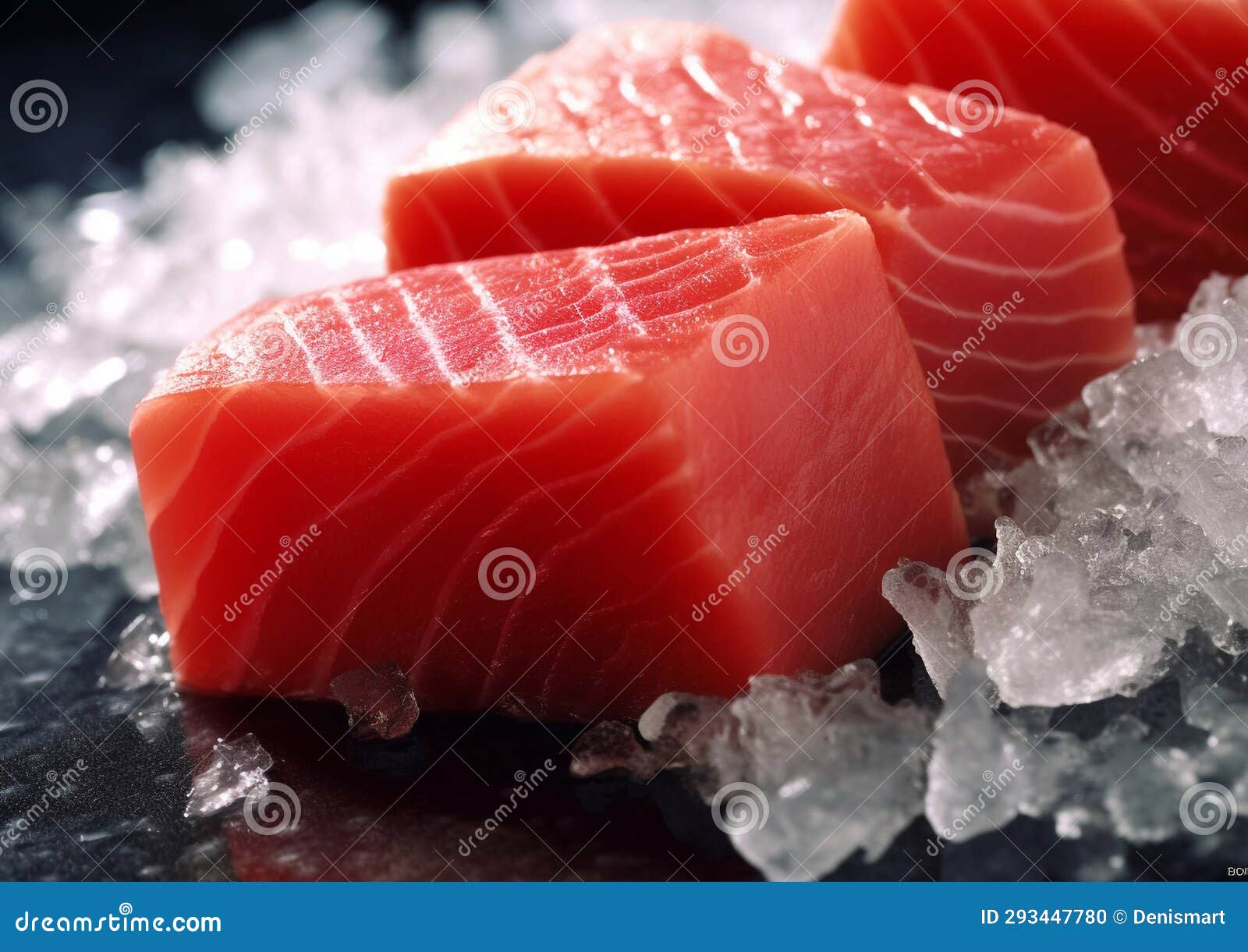 Raw Slices of Tuna Fish for Steak on Ice Cubes.Macro.AI Generative