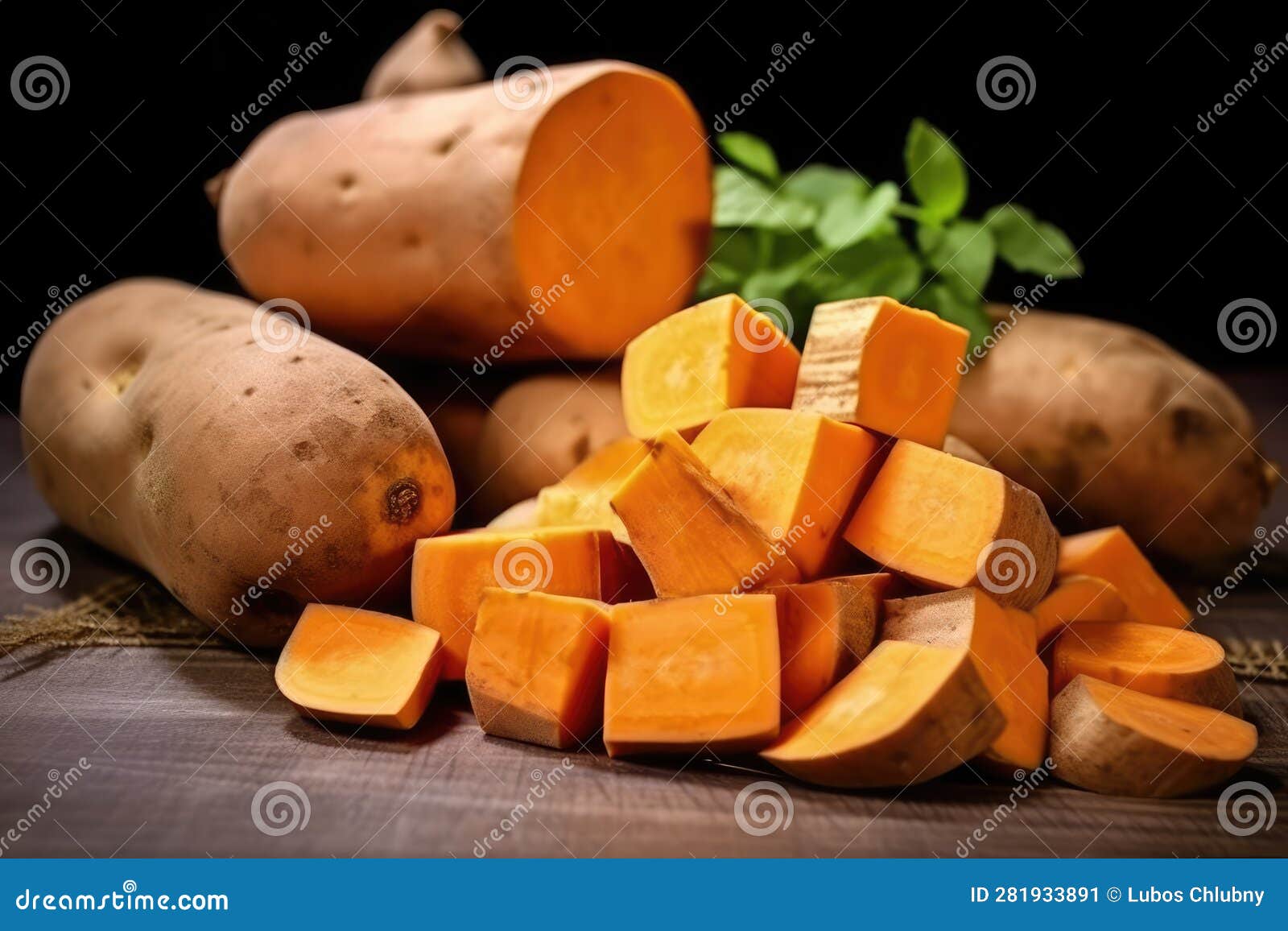 Raw Sweet Potatoes Whole and Cut. Generative AI Stock Illustration