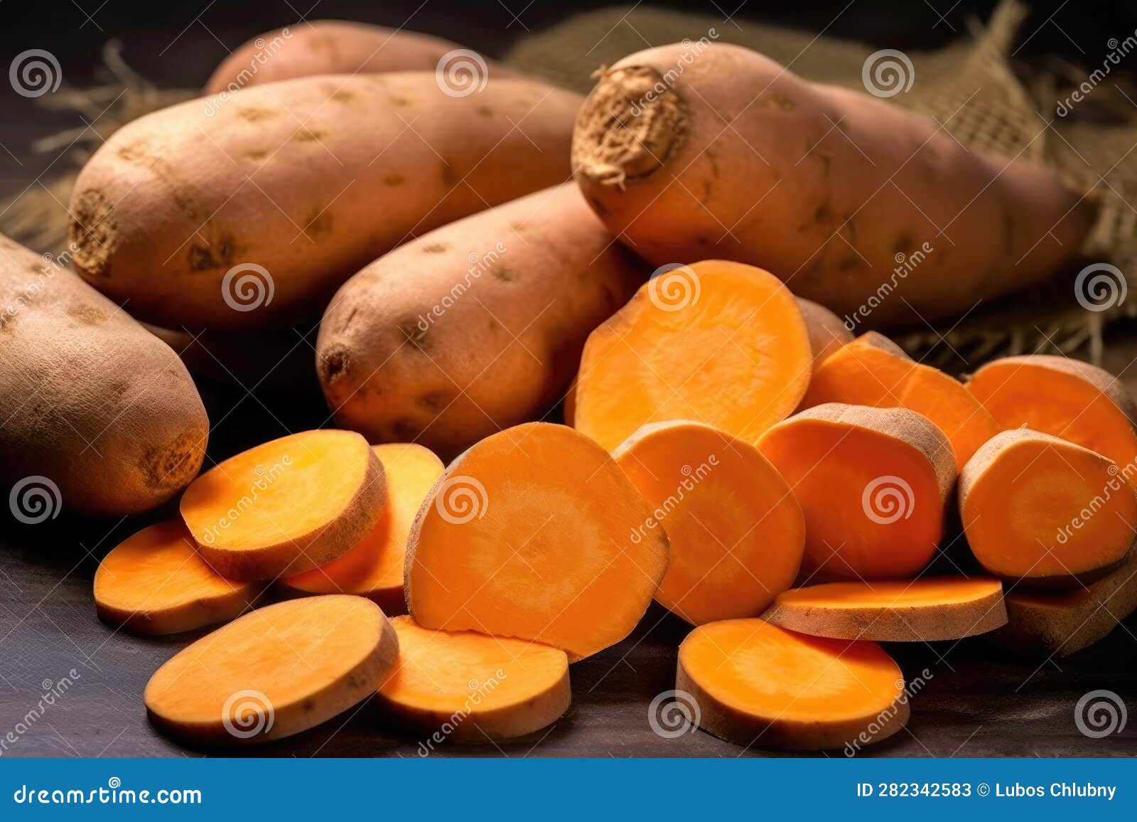Raw Sweet Potatoes Whole and Cut. Generative AI Stock Illustration