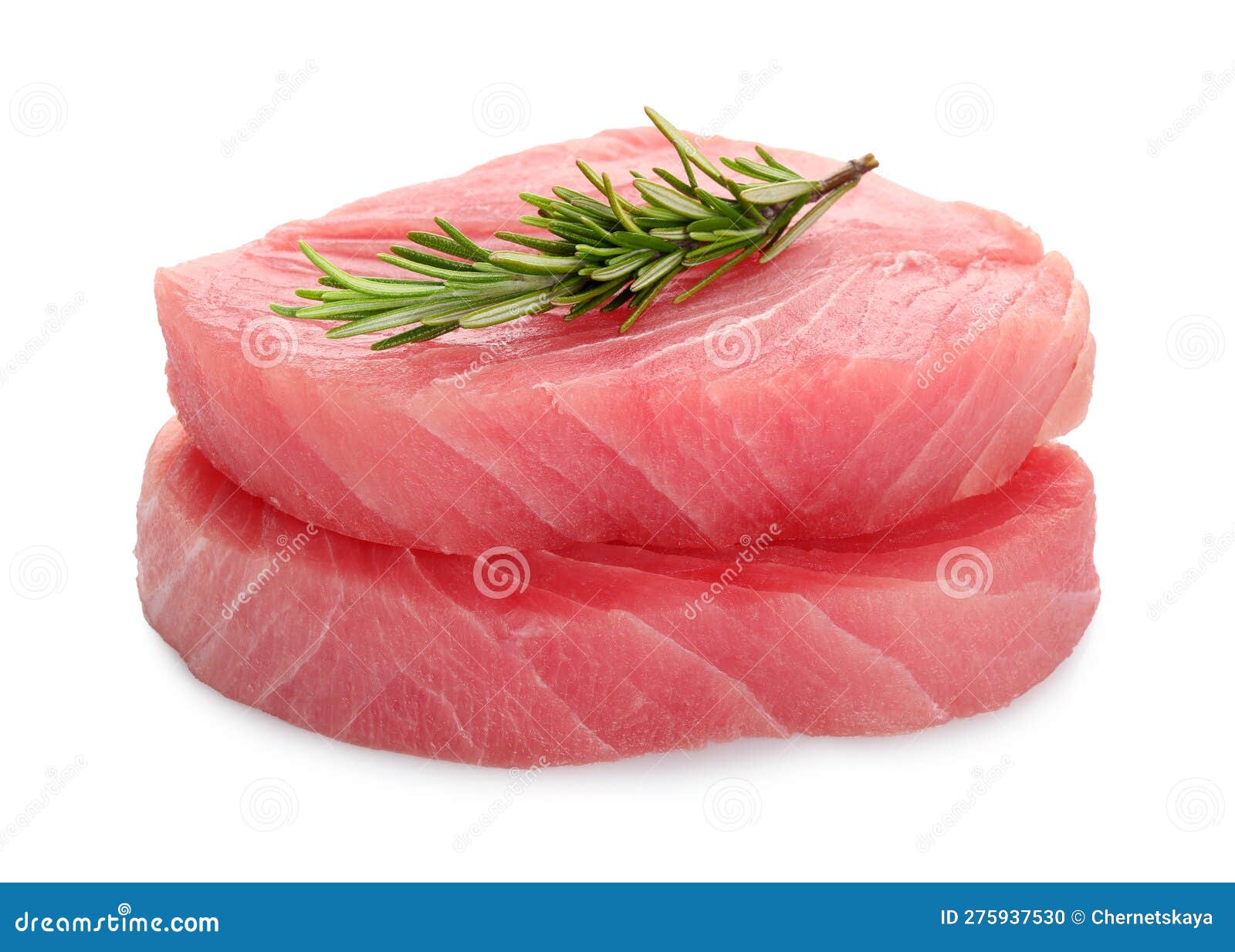 Raw Tuna Fillets with Rosemary on White Background Stock Photo Image