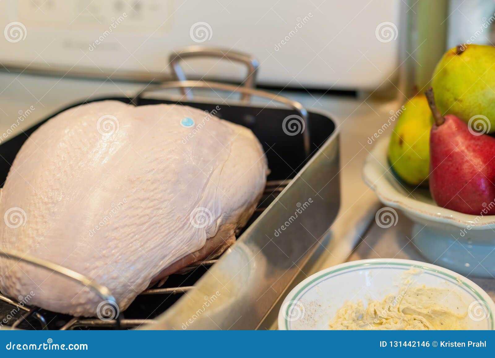 Raw Turkey Breast with Pop Up Timer and Herbed Garlic Butter, Ready To Rub  Under the Skin before Roasting Stock Photo - Image of poultry, home:  131442146