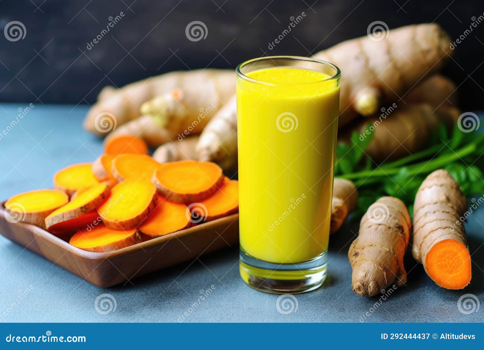Raw Turmeric Root Next To a Turmeric Smoothie Stock Image Image of
