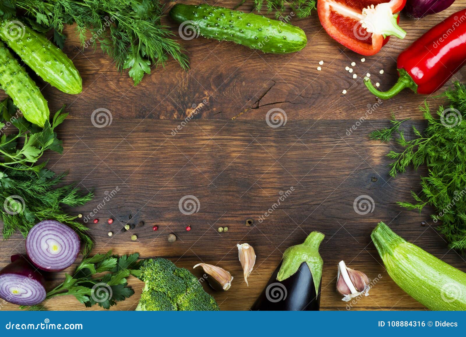 Raw Vegetables on Wooden Texture Background with Copyspace in Center ...