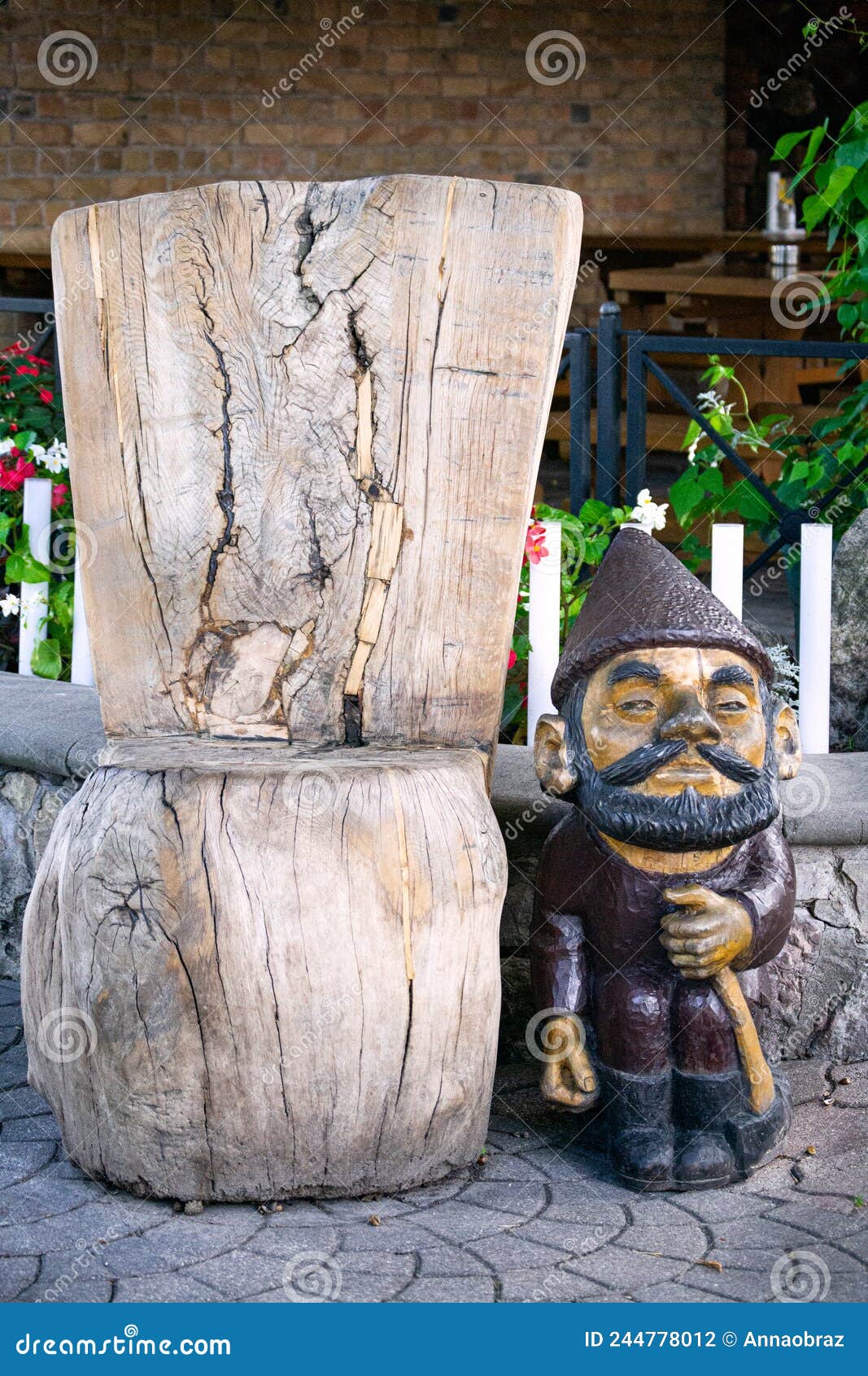 Raw Wood Crafts, Gnome and Flower Stand. Stock Photo Image of wood
