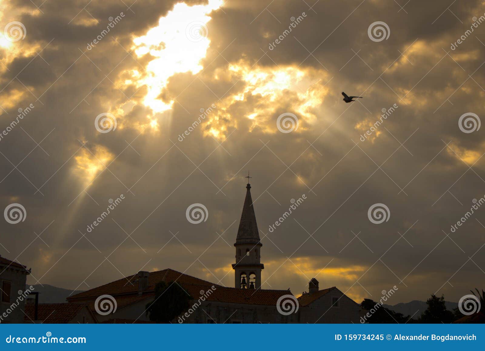 Rays Sun Falling through Clouds on the Old City. Selective Focus Stock