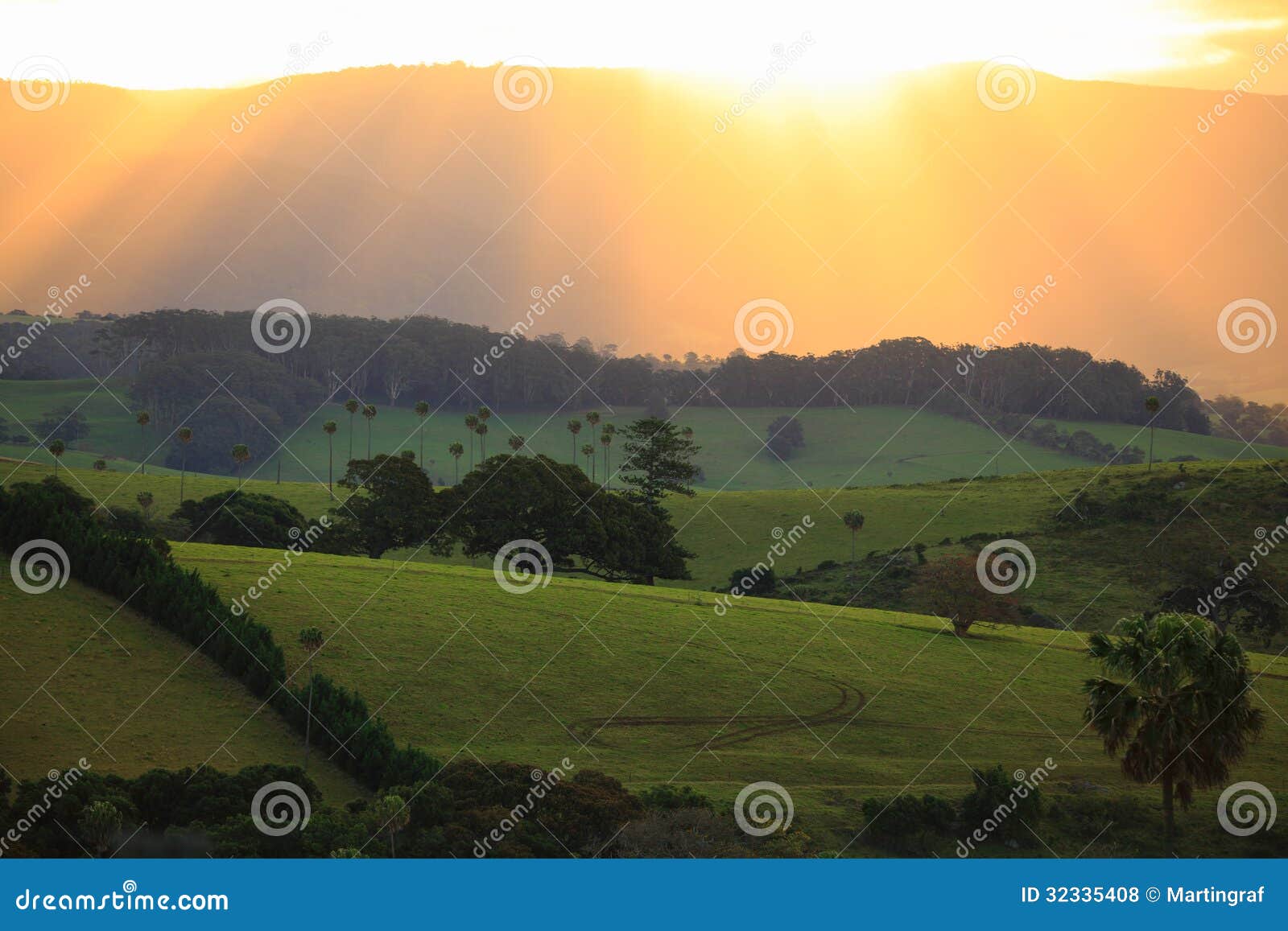 sunbeams over green hills landscape by golden sky in australia