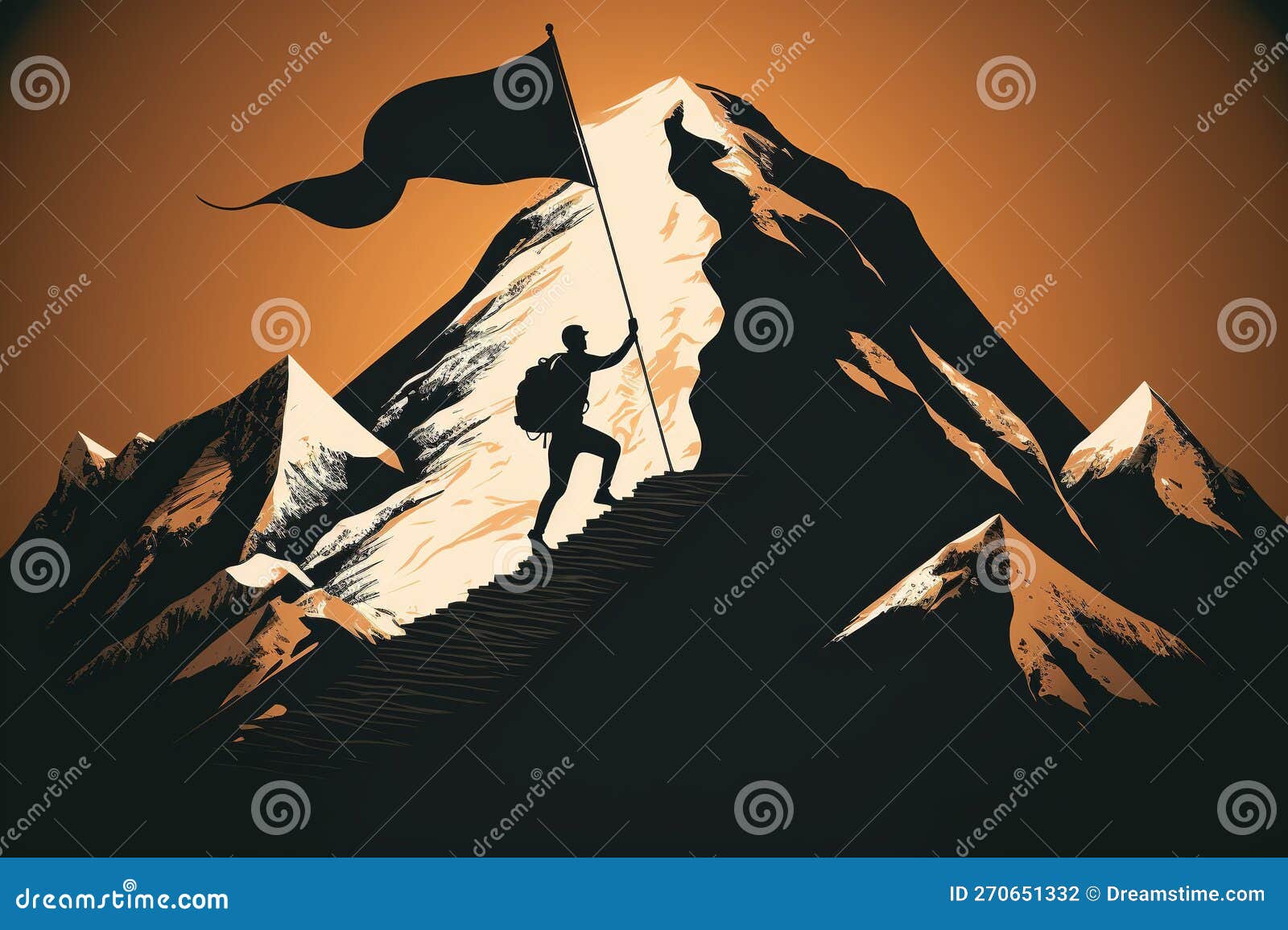 Reaching Your Goals Concept, Mountain Climber with Flag on Top of