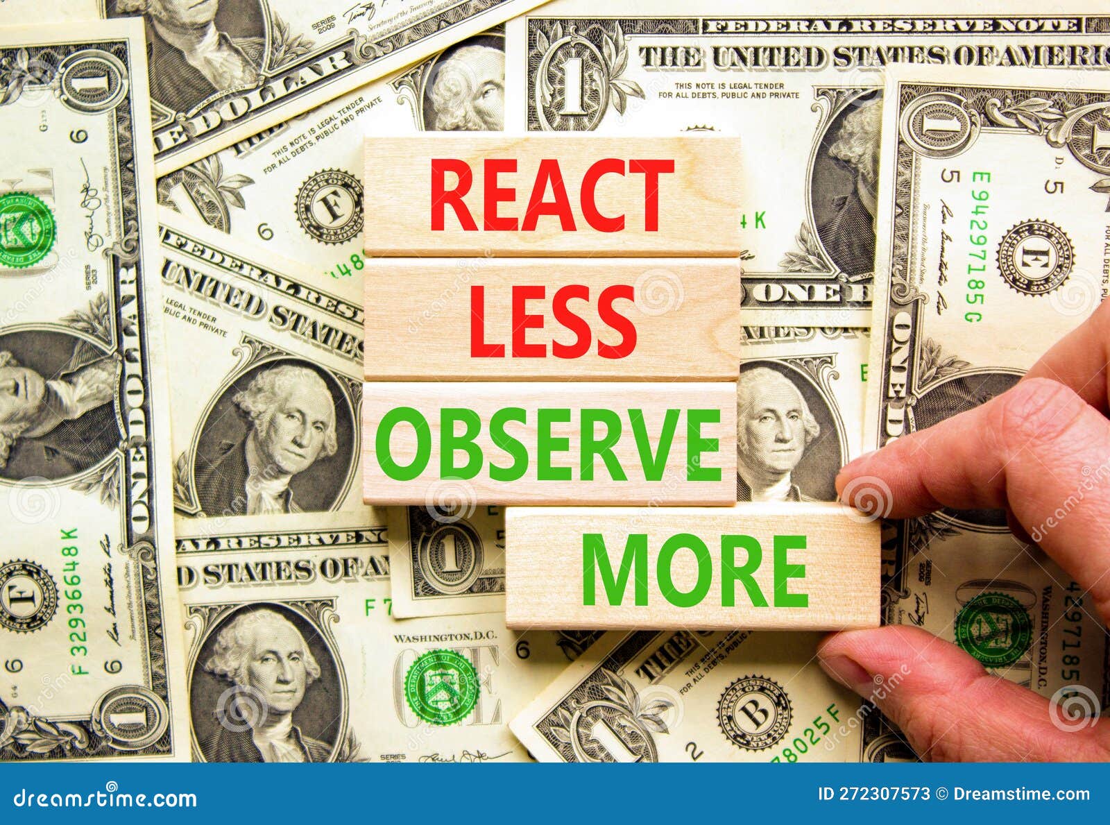 React less Observe More Symbol. Concept Words React less Observe More