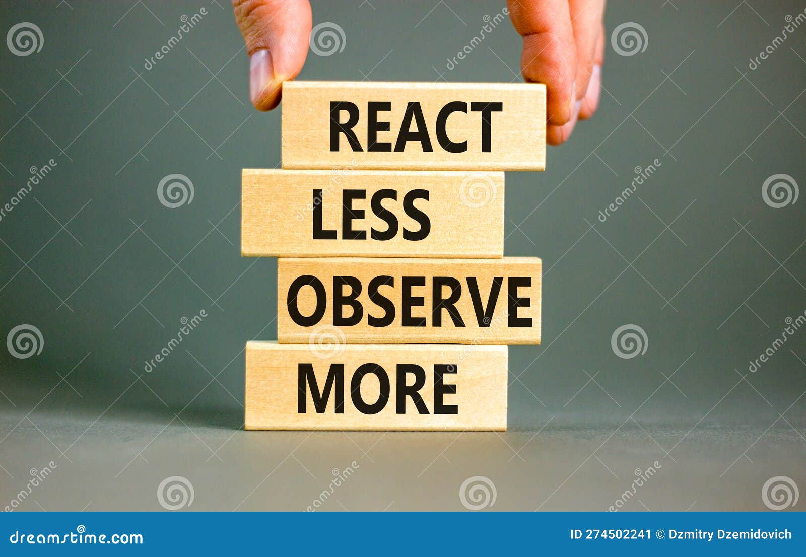 React less Observe More Symbol. Concept Words React less Observe More