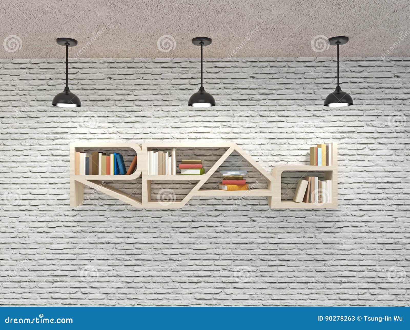 Read Word Bookcase on Brick Wall with Ceiling Lamps Stock Image Image of decoration