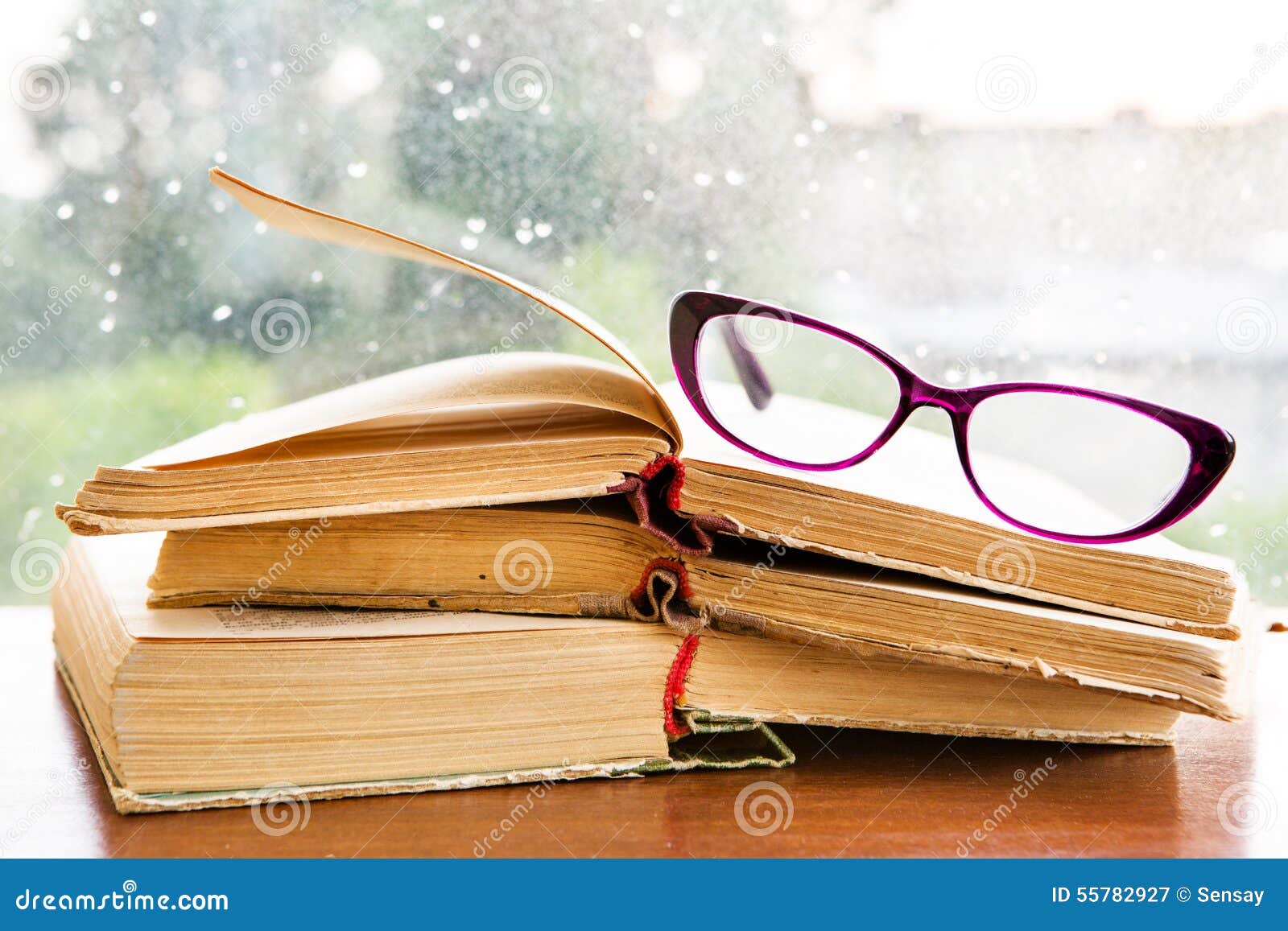 Reading Glasses and Books on Rainy Window Stock Image Image of frame