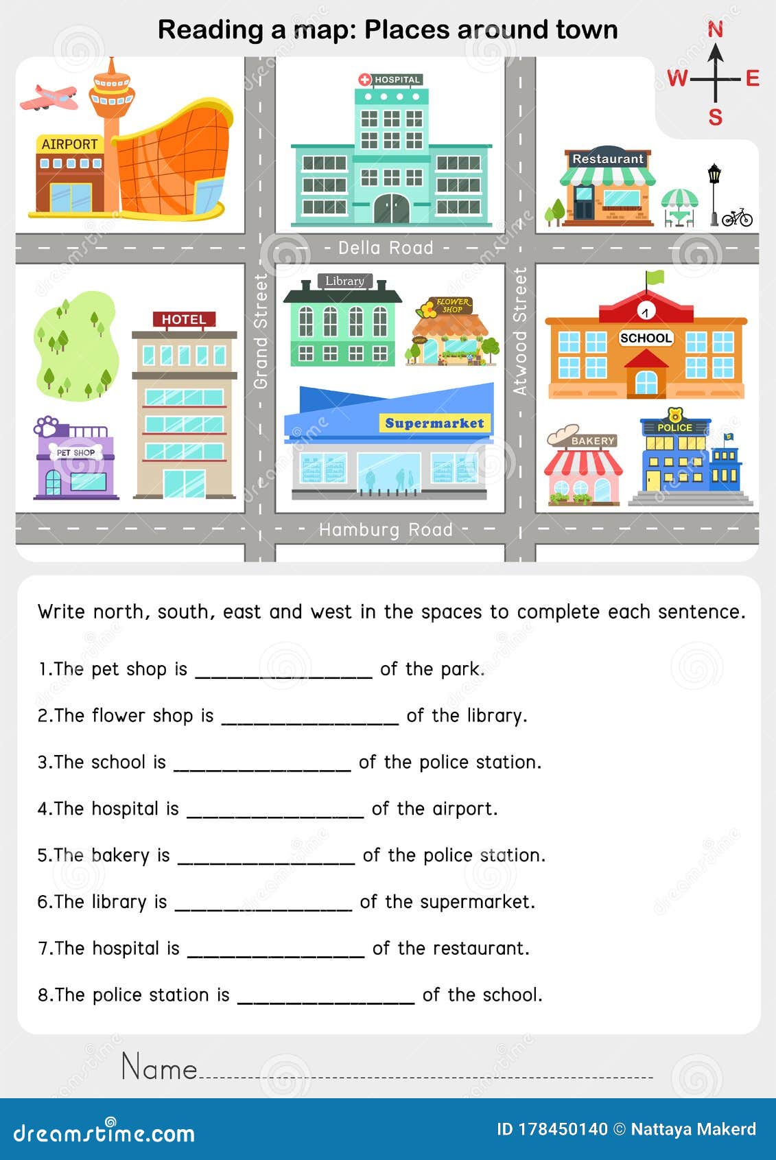 Reading a Map: Places Around Town - Giving Direction Stock Vector For Reading A Map Worksheet