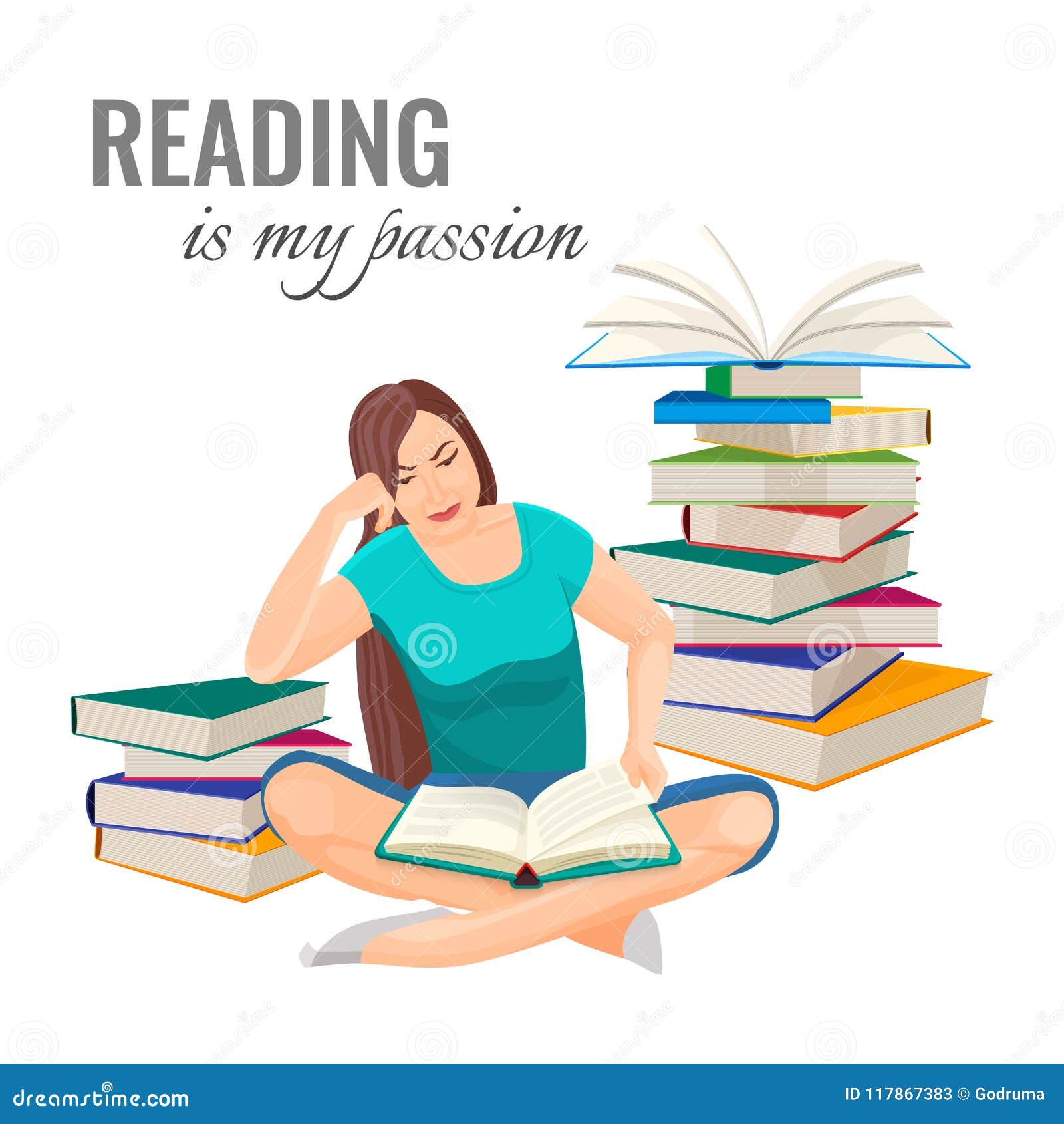 Reading My Passion Poster With Woman Among Book Piles Stock Vector