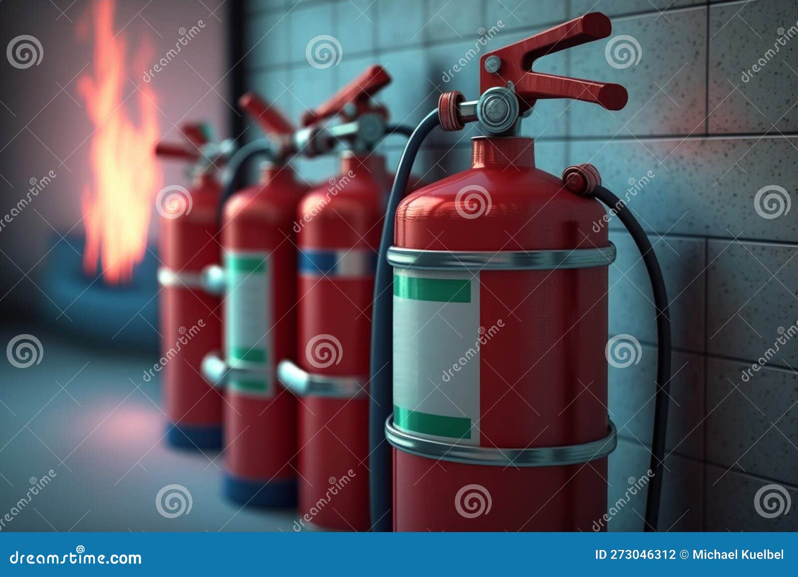 Ready for Emergency Multiple Fire Extinguishers Mounted on Wall Stock