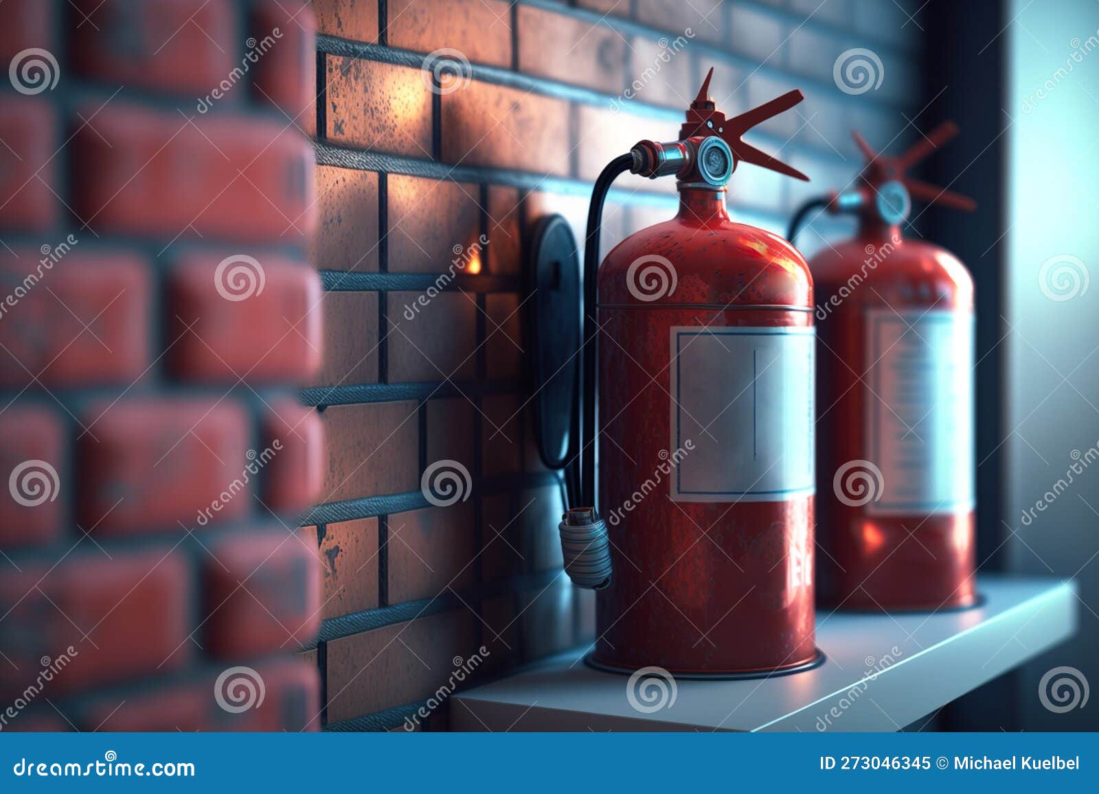 Ready for Emergency Multiple Fire Extinguishers Mounted on Wall Stock