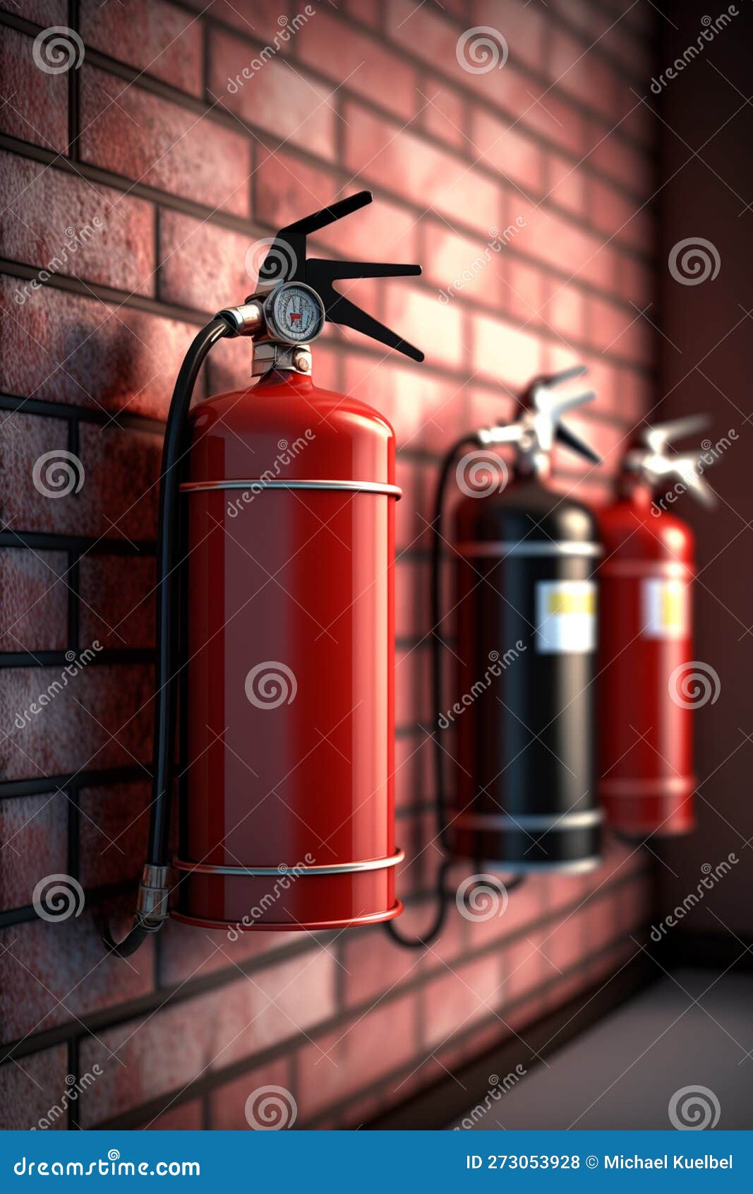 Ready for Emergency Multiple Fire Extinguishers Mounted on Wall Stock