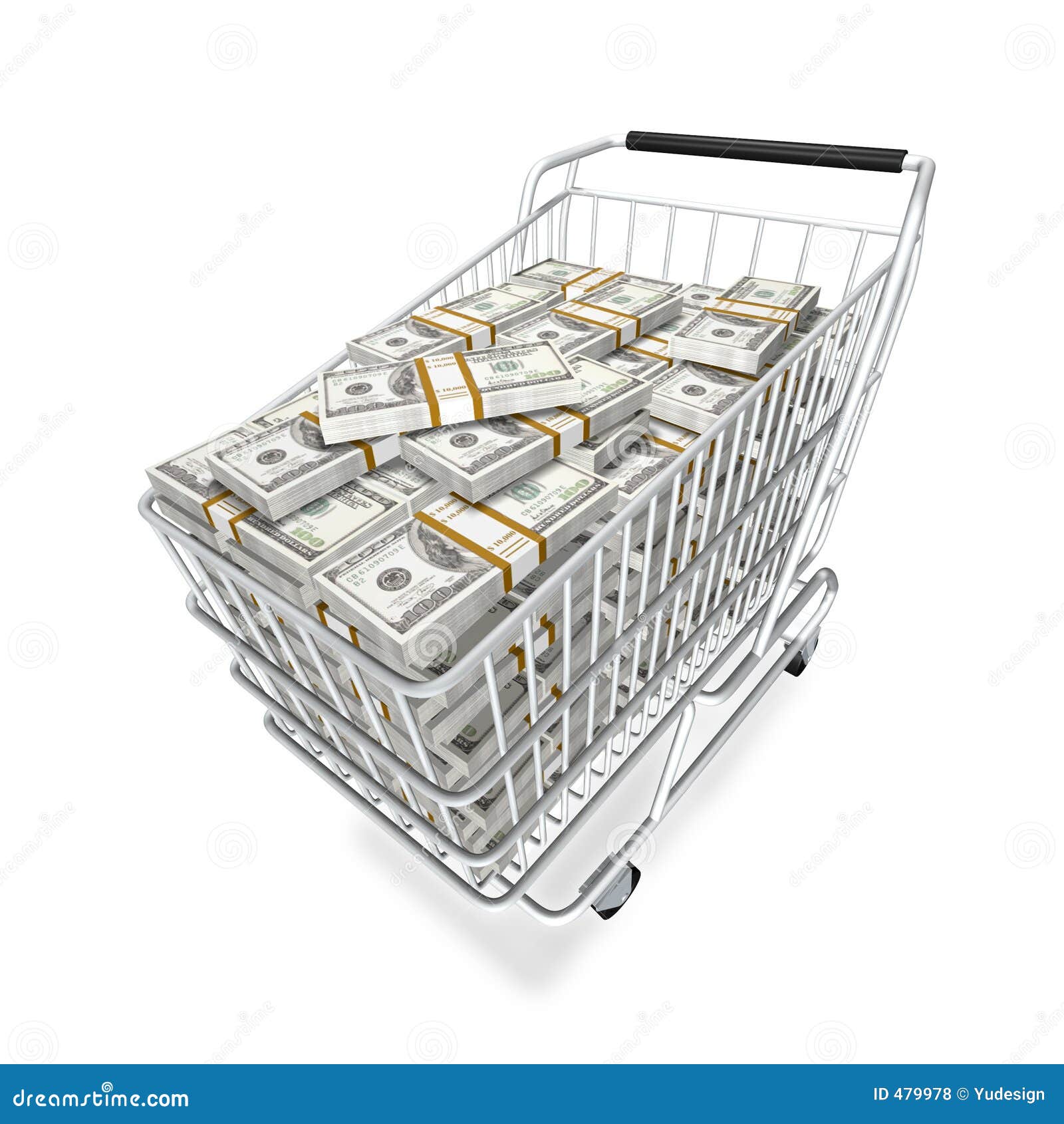 Ready for shopping. Shopping cart and stocks of dollars