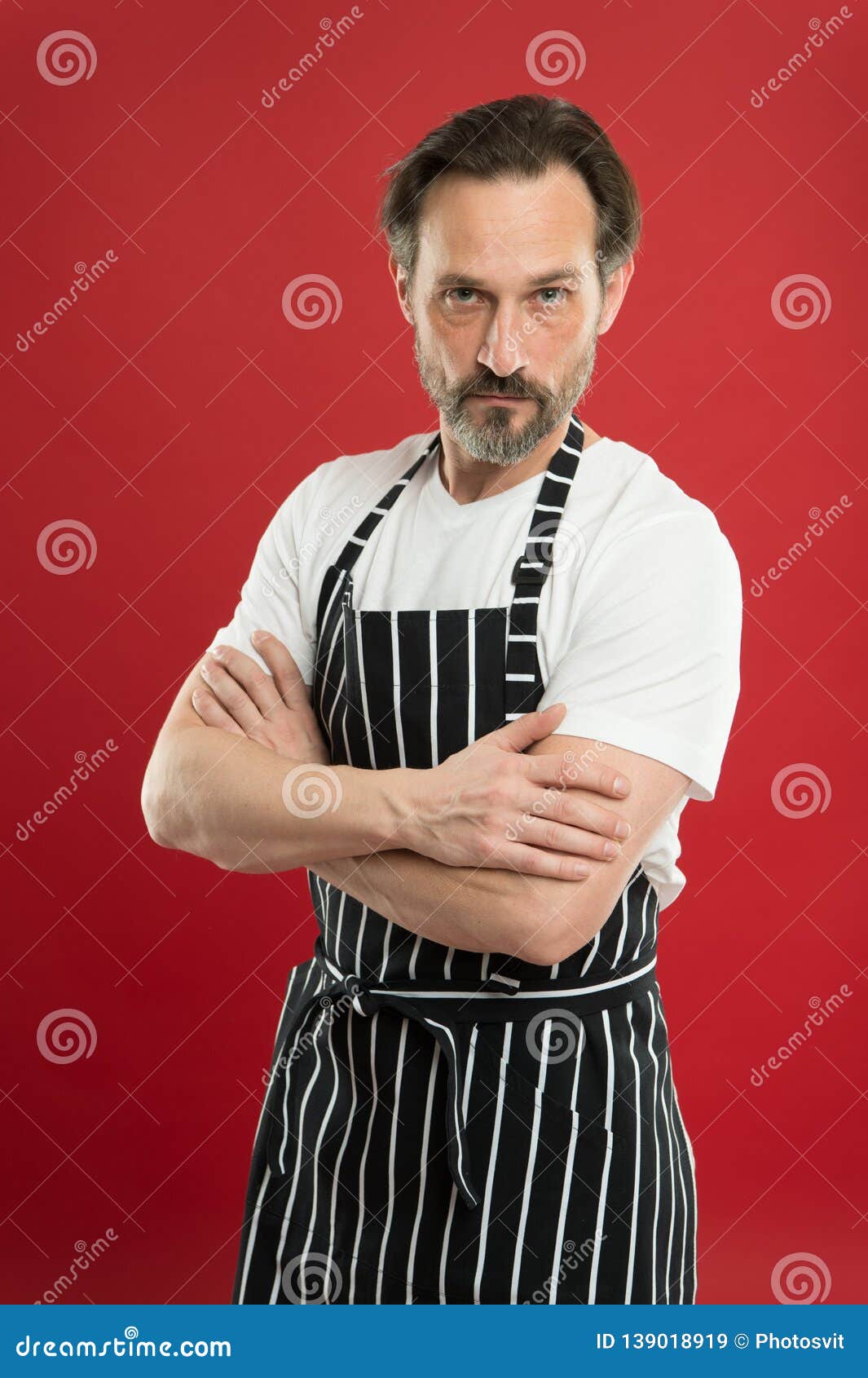 Ready To Help Aged Master Of The Household Bearded Mature Man In Striped Apron Senior Cook 