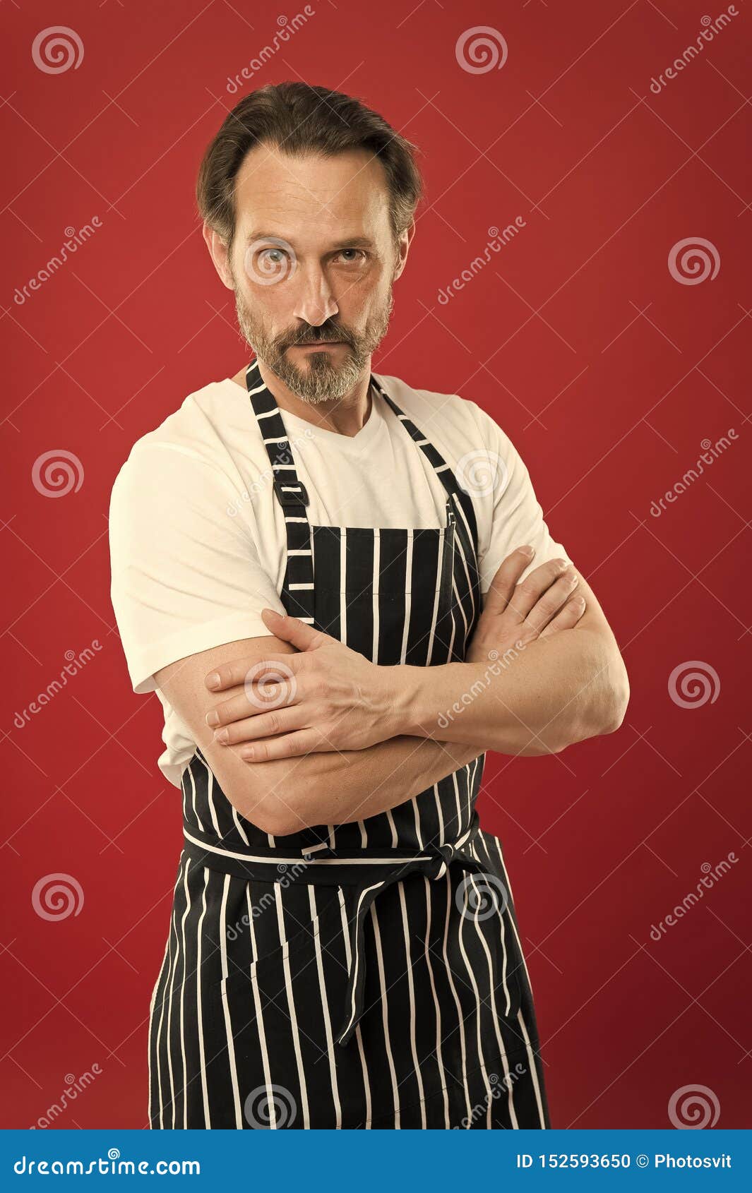 Ready To Help Aged Master Of The Household Bearded Mature Man In Striped Apron Senior Cook 