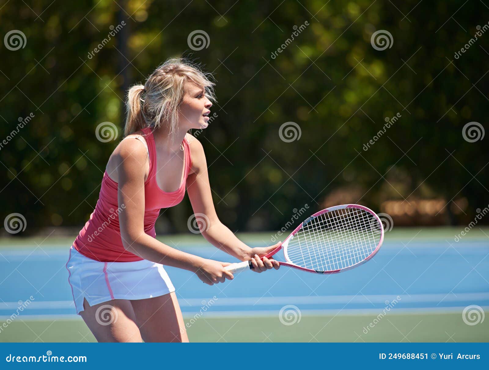 Ready To Win A Tennis Player With Her Tennis Racket On A Tennis Court Stock Image Image Of