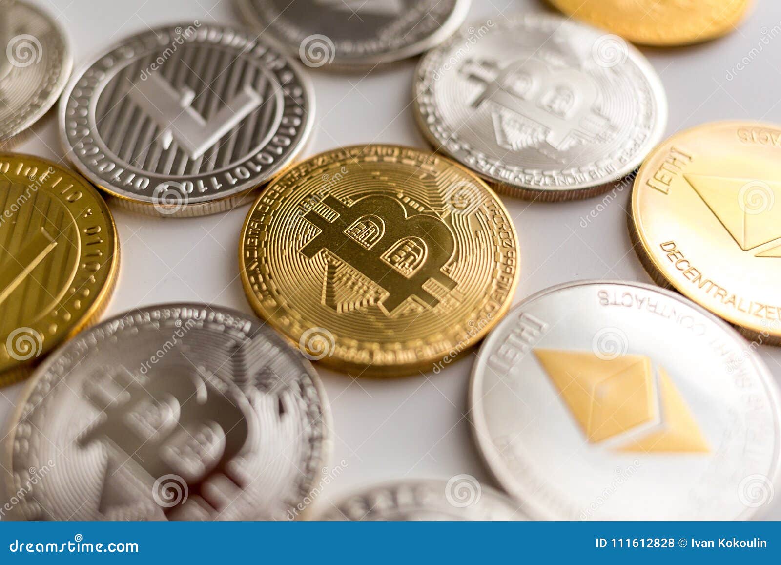 Real Bitcoin Litecoin And Ethereum Coins Together Stock Photo - 