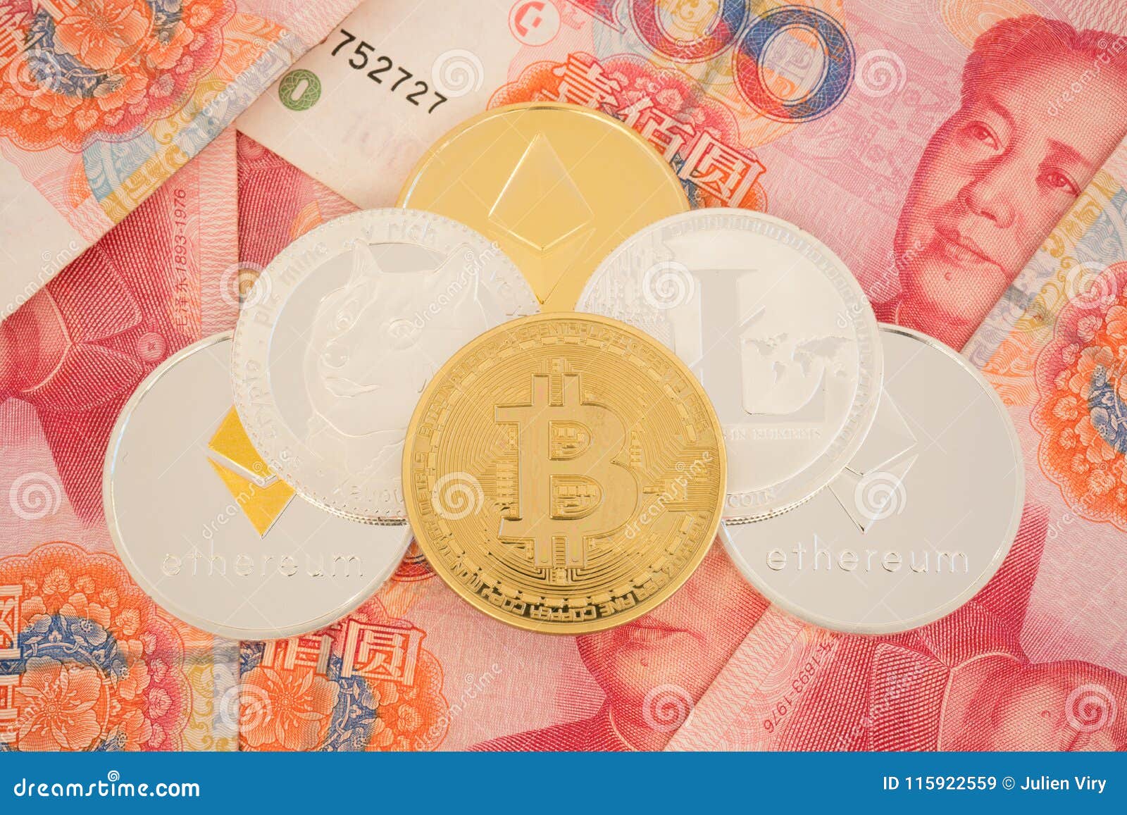 Real Cryptocurrency Coins On Chinese Yuan Bills Stock ...