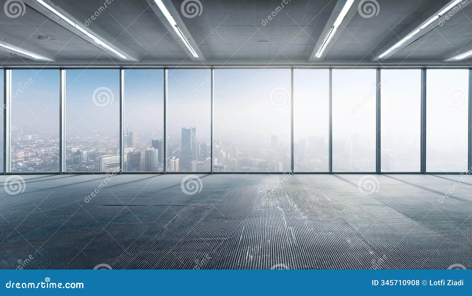 real estate concept with foggy city view from big windows in spacious empty hall with concrete floor and light ceiling. 3d