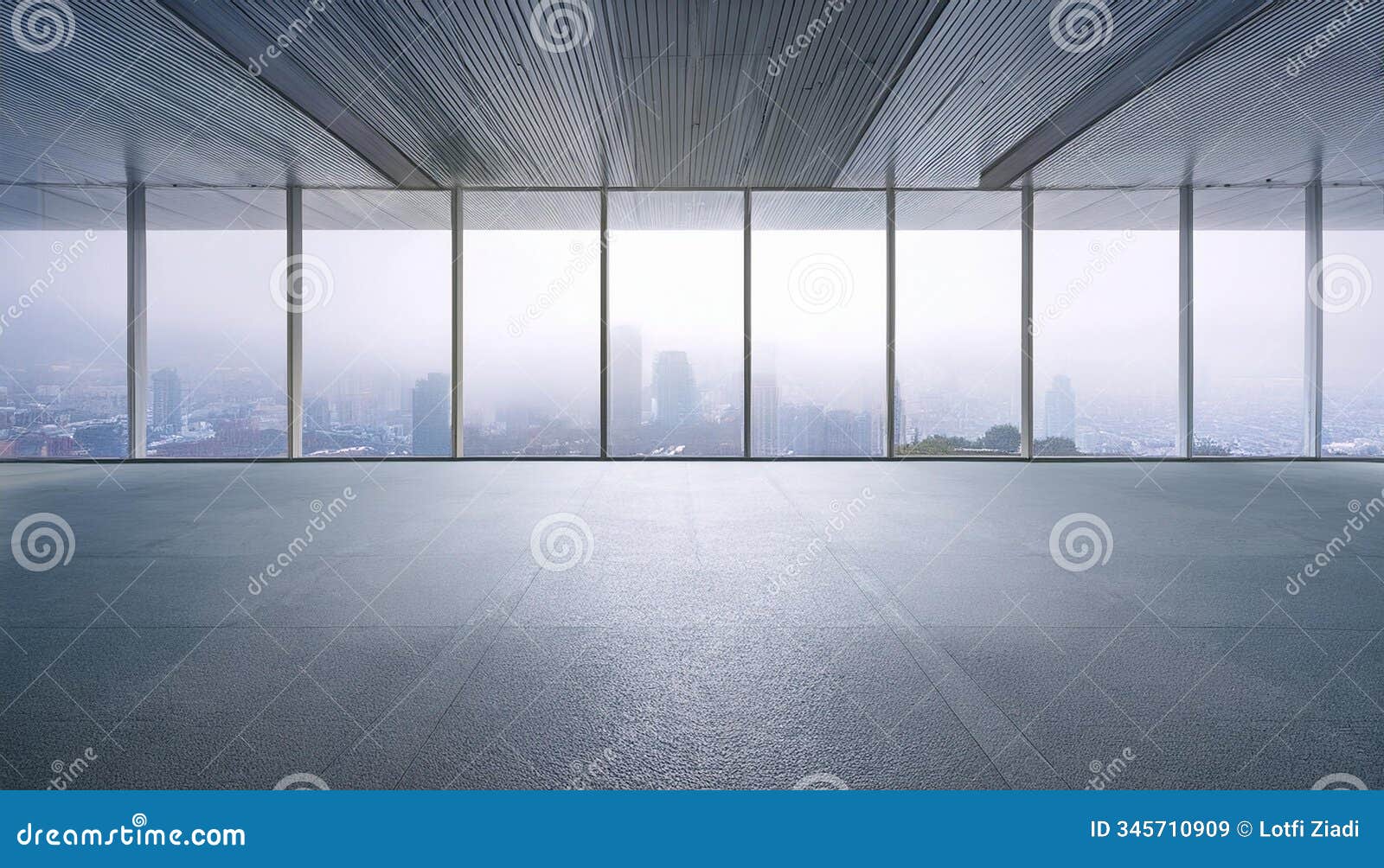 real estate concept with foggy city view from big windows in spacious empty hall with concrete floor and light ceiling. 3d