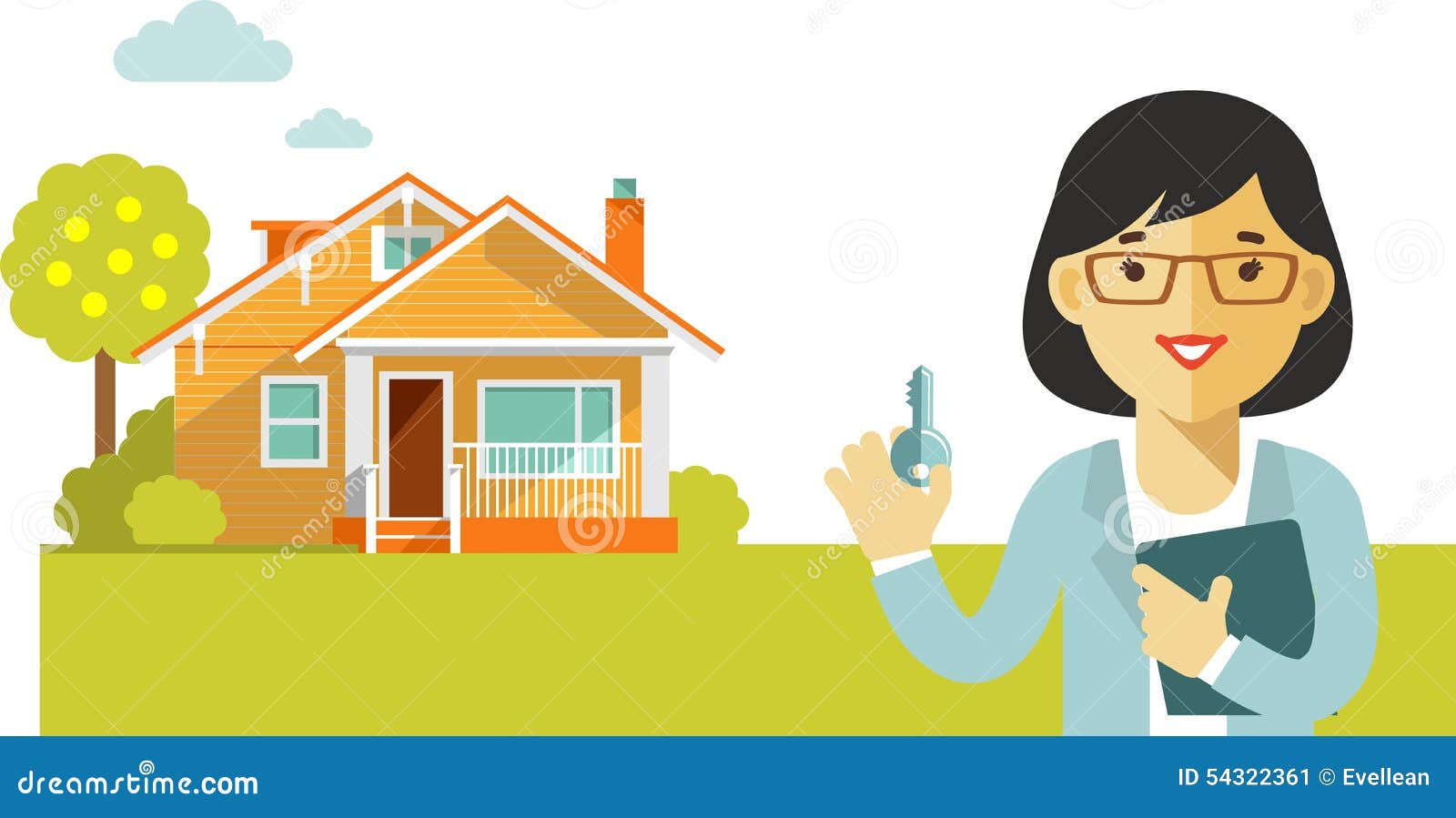 Real Estate Concept With House And Realtor In Flat Stock Vector