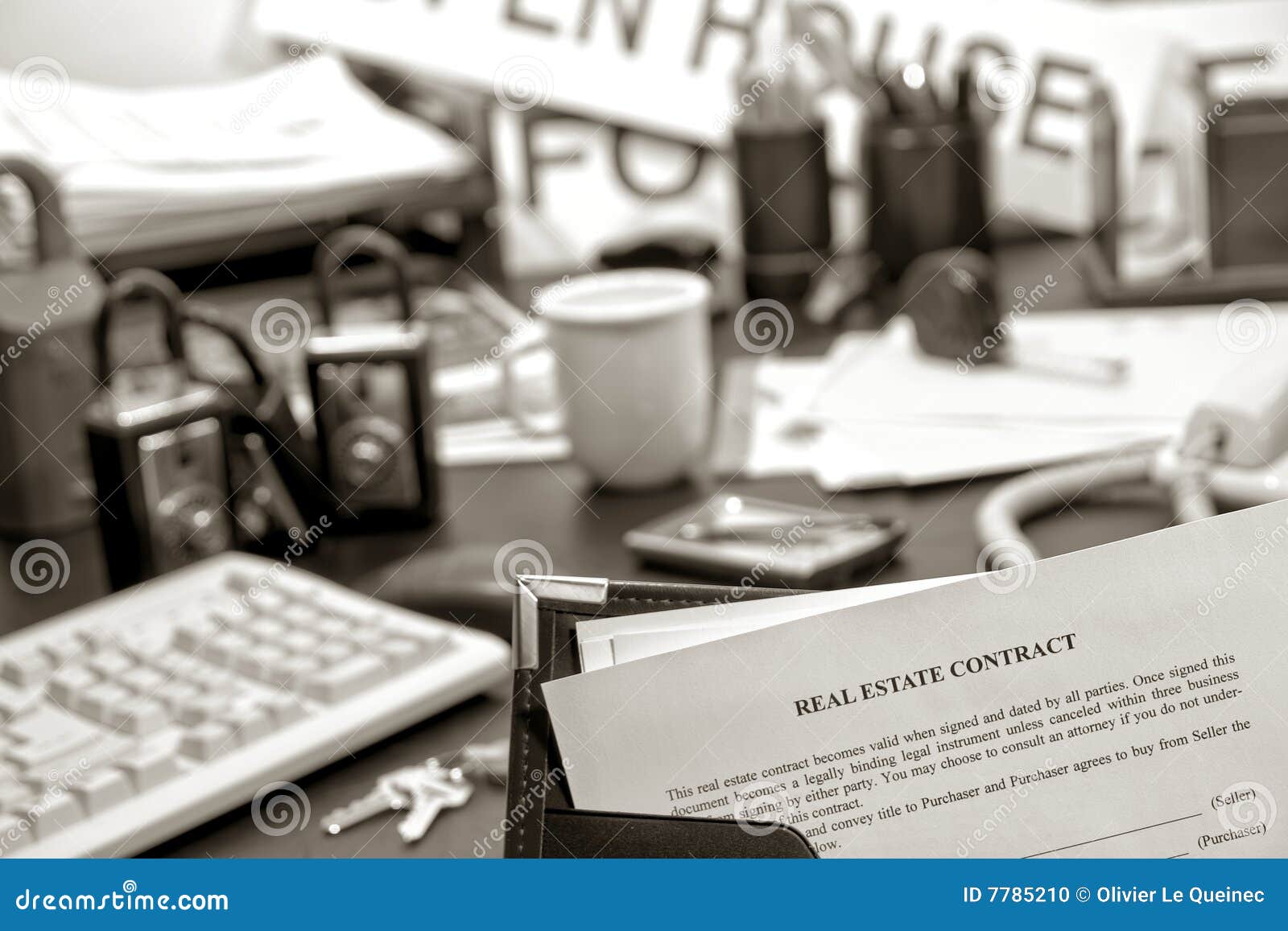 Real Estate Contract Document On Busy Realtor Desk Stock Photo