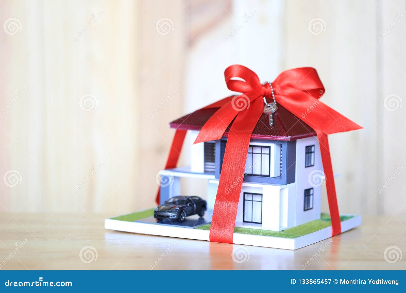 Real Estate and Gift New Home Concept,Model House with Red Ribbon and Key  on Wooder Background Stock Image - Image of broker, loan: 133865457