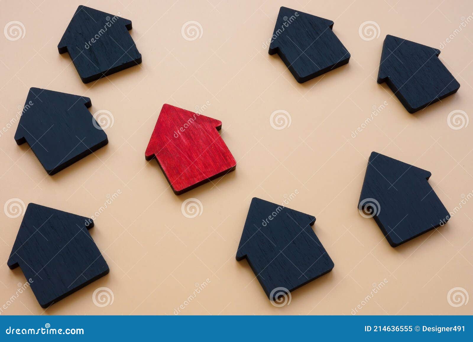 Real Estate Selection Concept. Small Houses and One Red. Stock Image