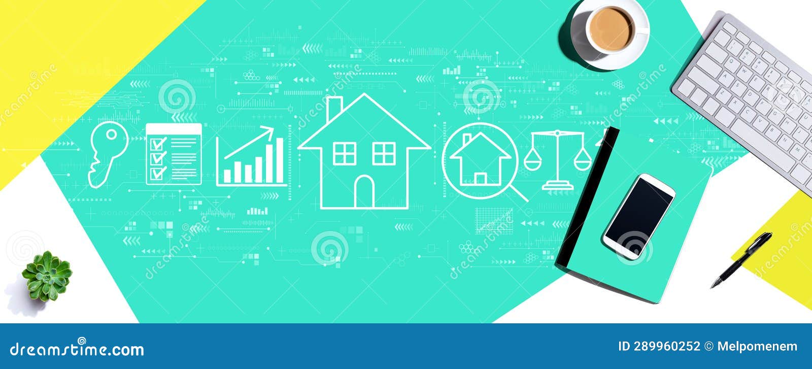 Real Estate Theme with Computer Keyboard and Office Items Stock Photo