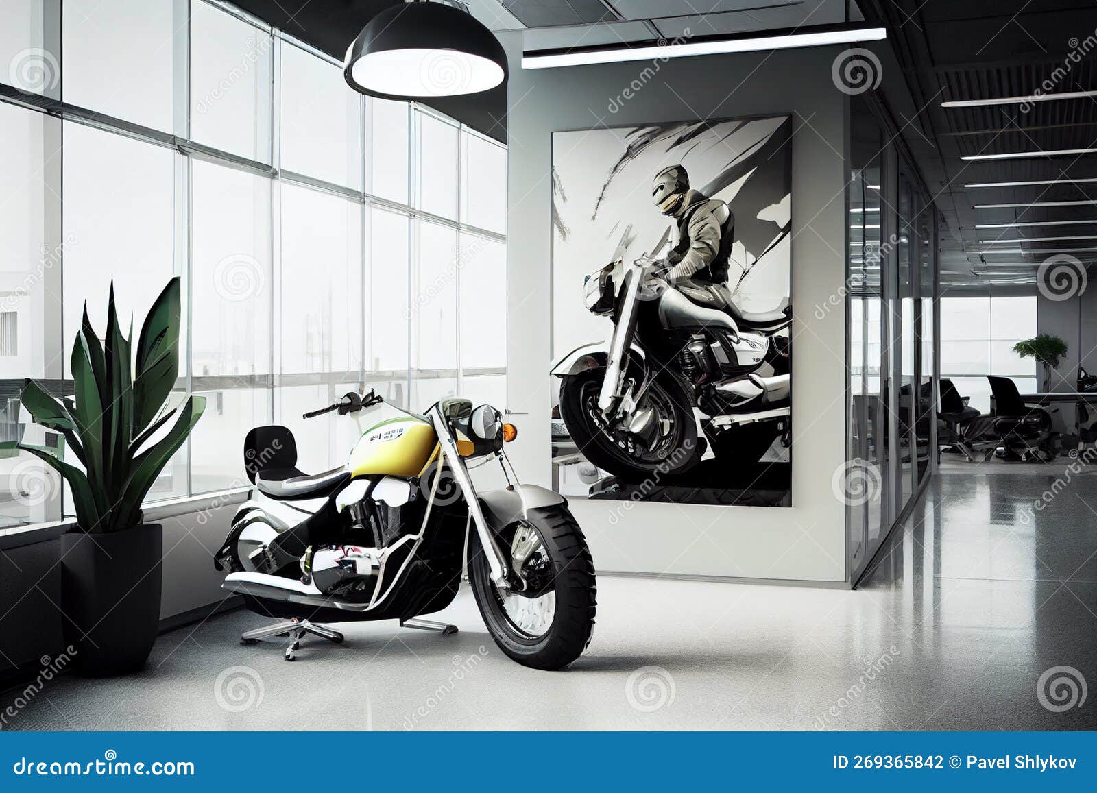 A Real Motorcycle in the Interior of a Modern Bright Office. Original
