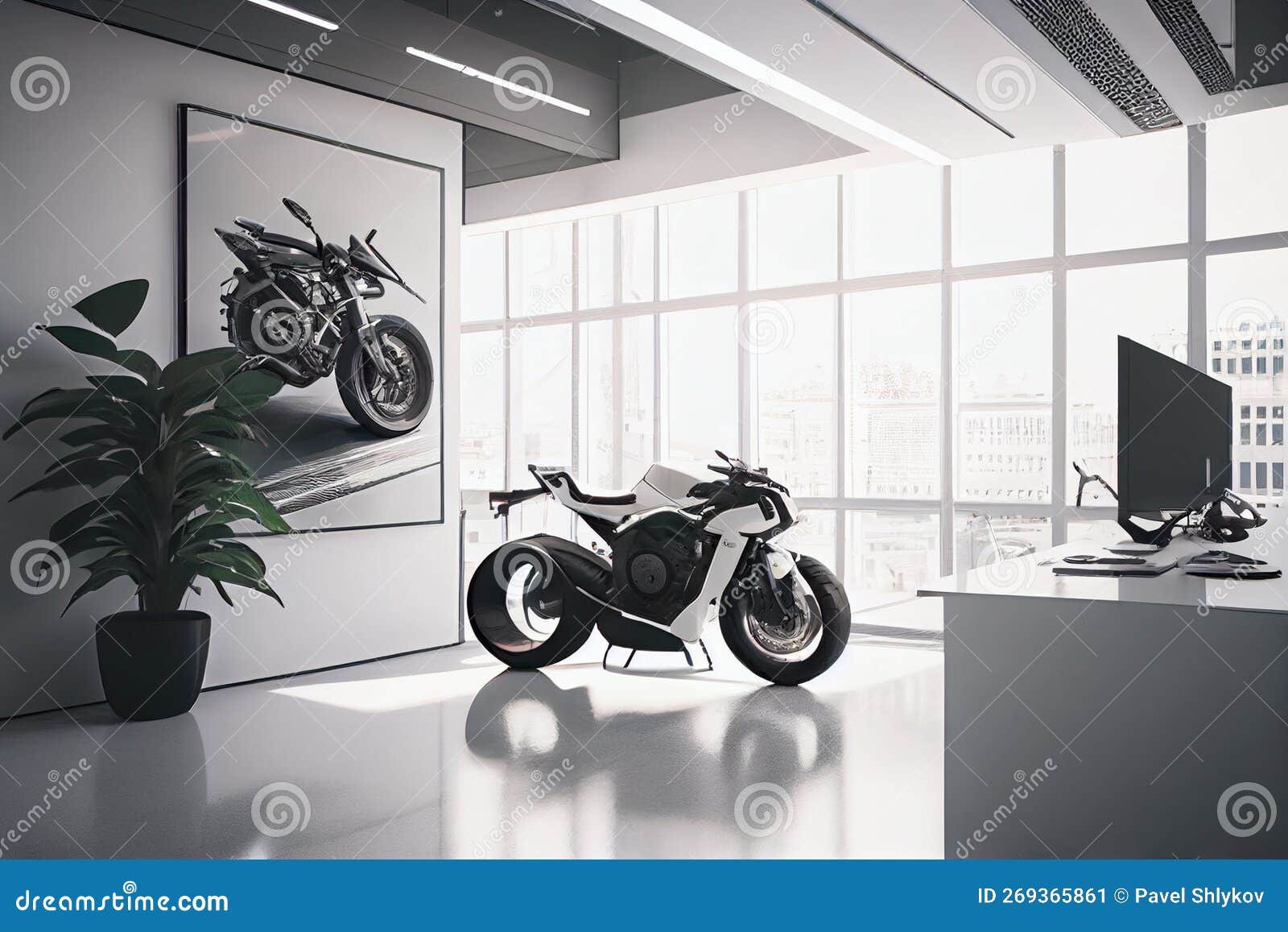 A Real Motorcycle in the Interior of a Modern Bright Office. Original